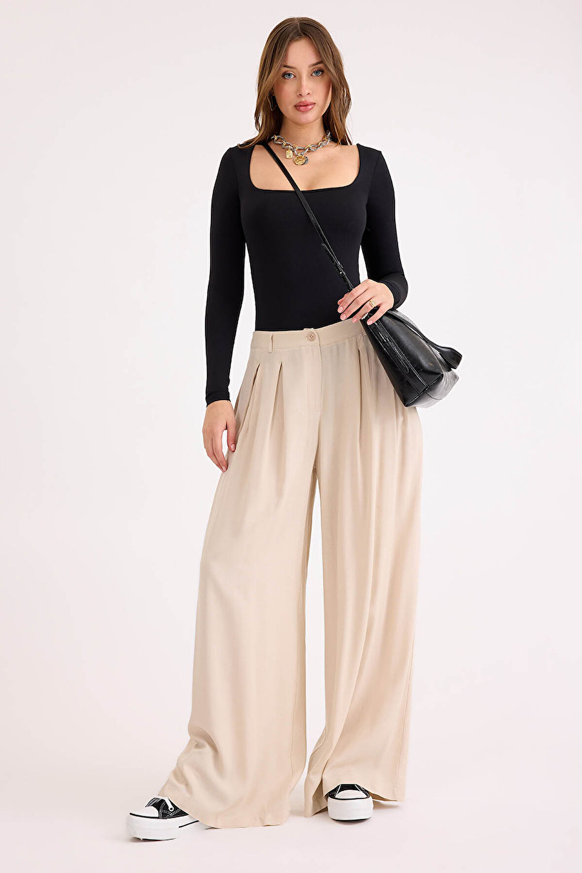 Pileli Geniş Paça Pantolon