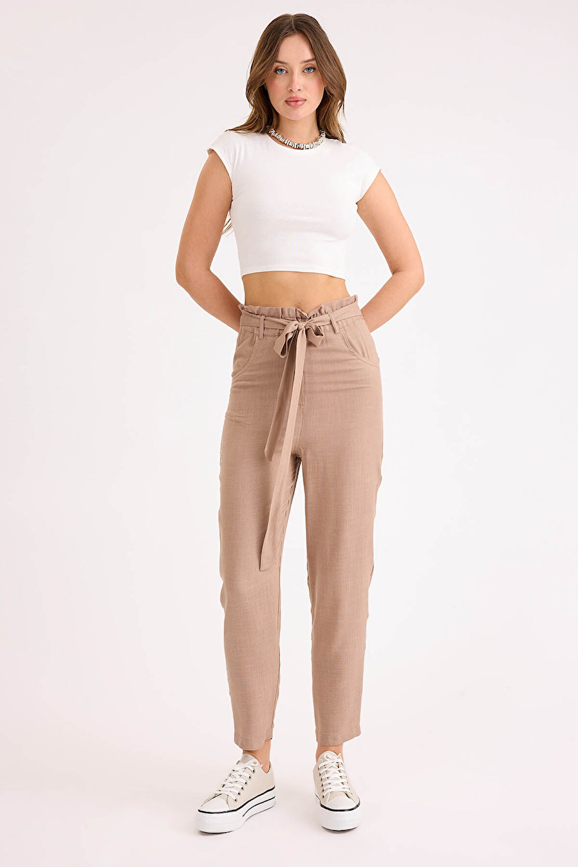 Yüksek Bel Kuşaklı Viskon Keten Pantolon