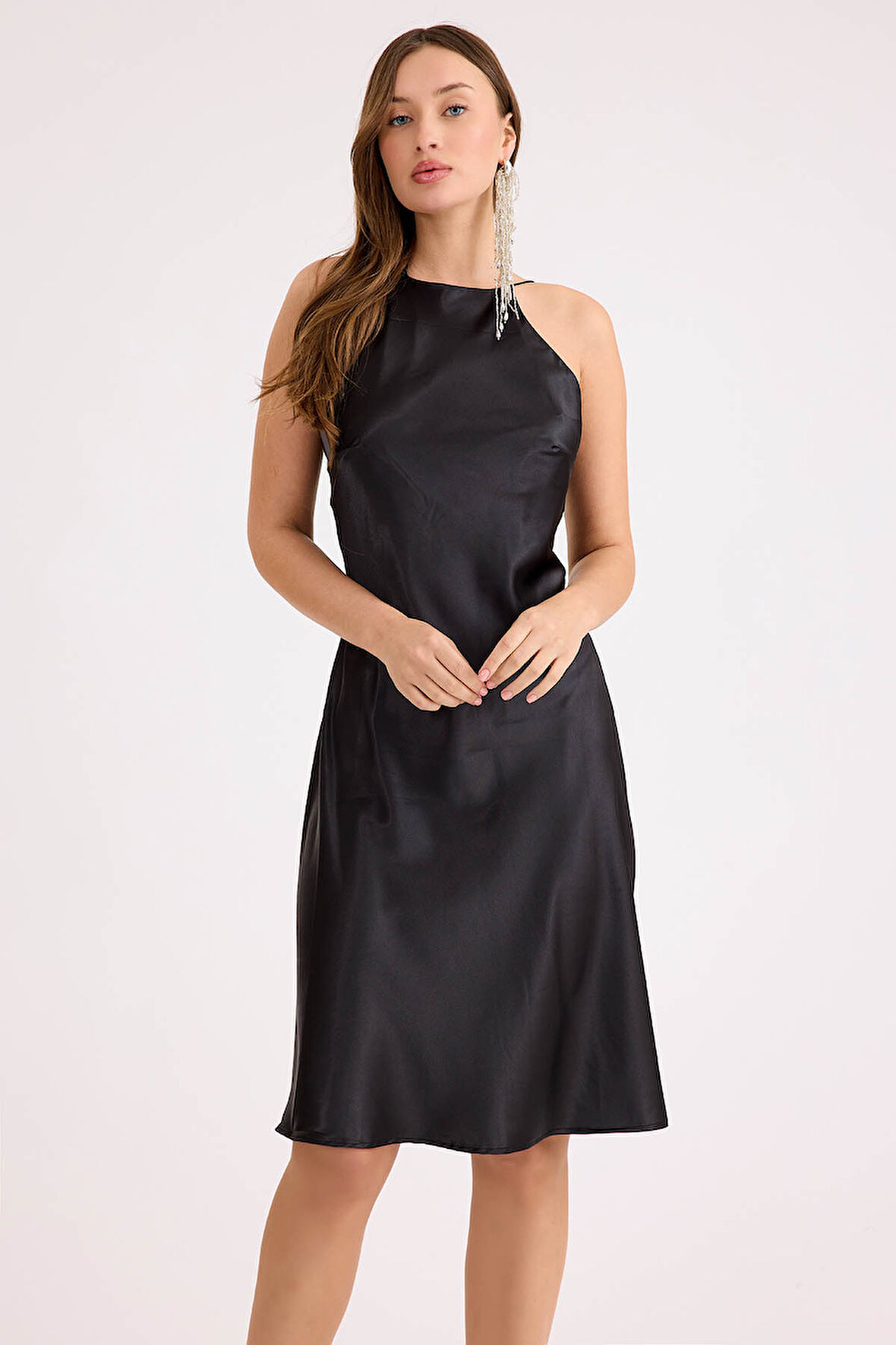 İp Askılı Midi Boy Saten Elbise