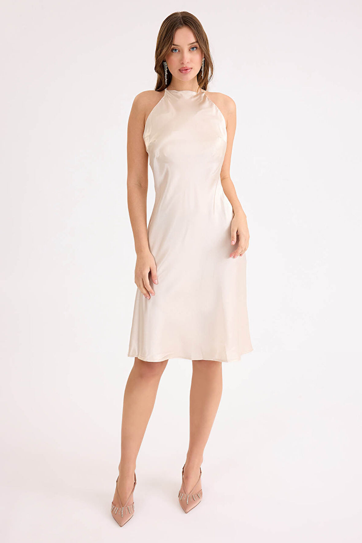 İp Askılı Midi Boy Saten Elbise