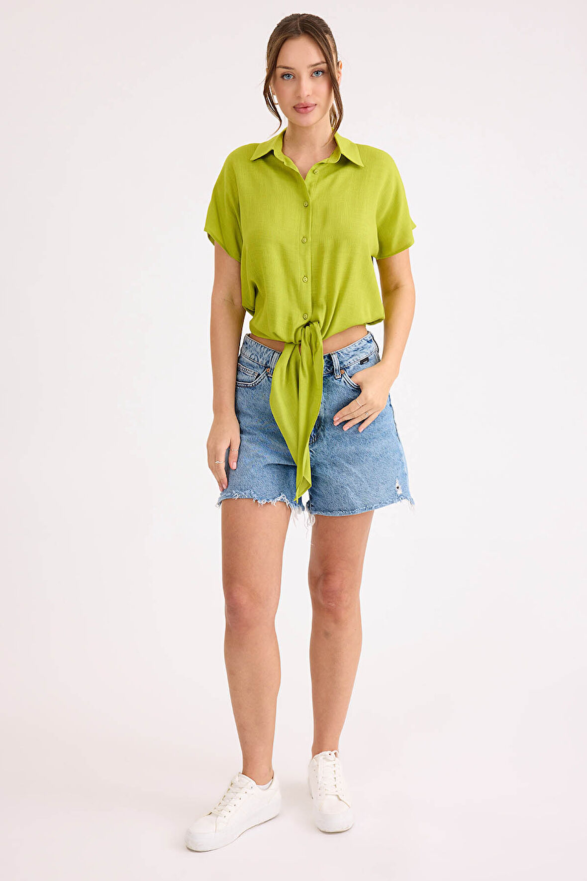 Beli Bağlamalı Kısa Kol Salaş Gömlek