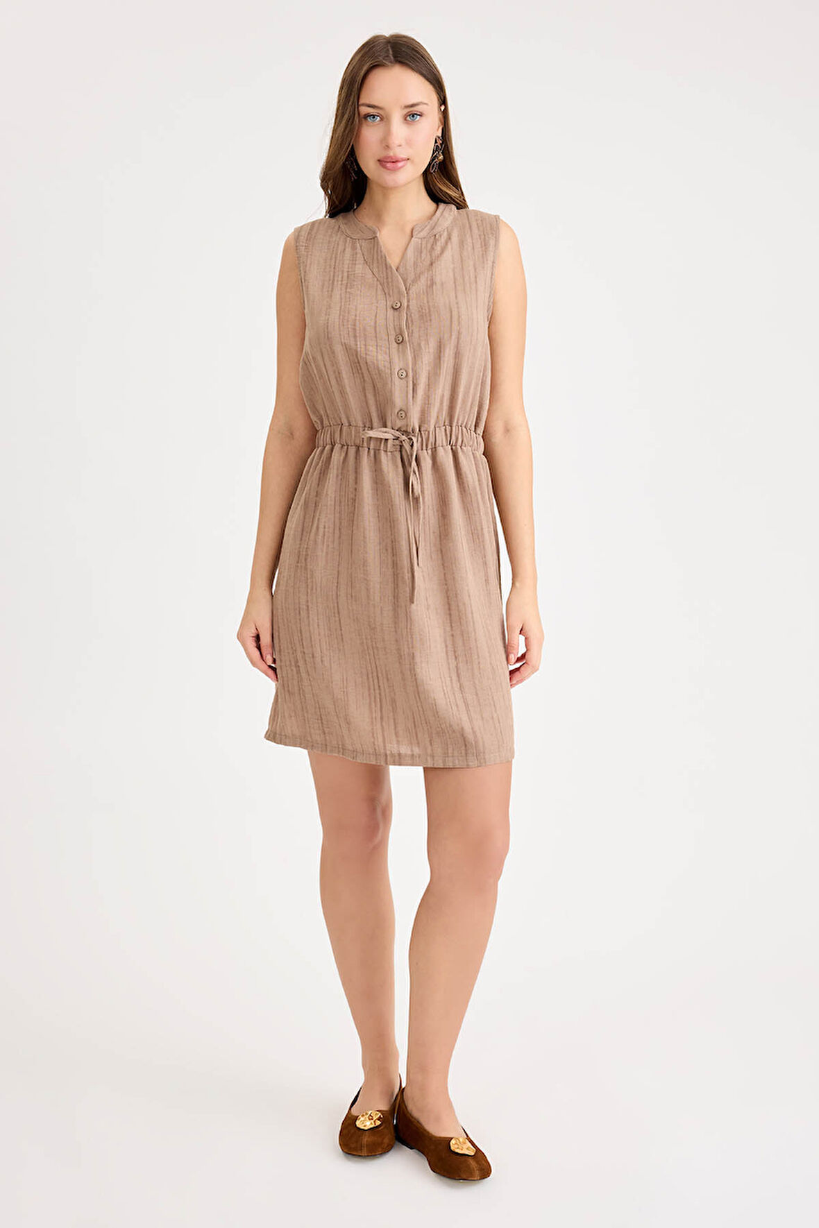 Kendinden Desenli Önü Düğmeli Beli Bağlamalı Elbise