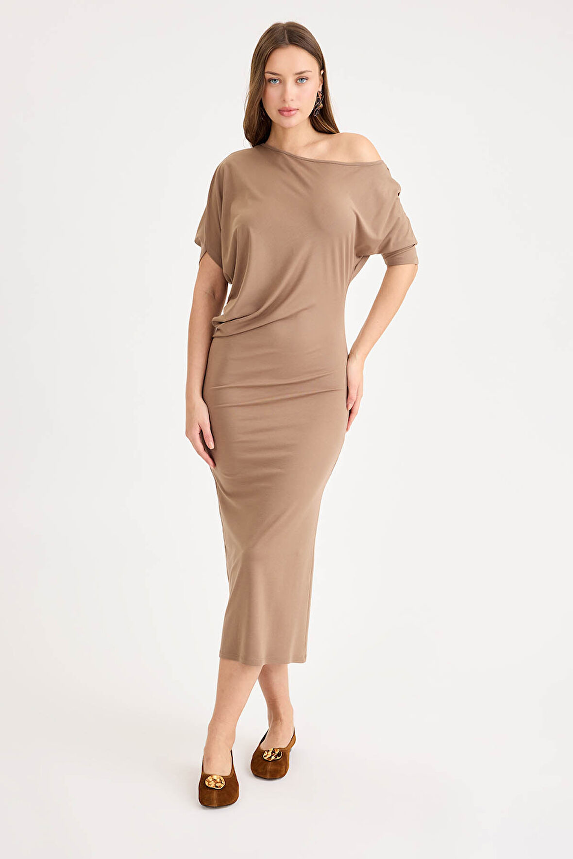 Kayık Yaka Kısa Kol Modal Elbise