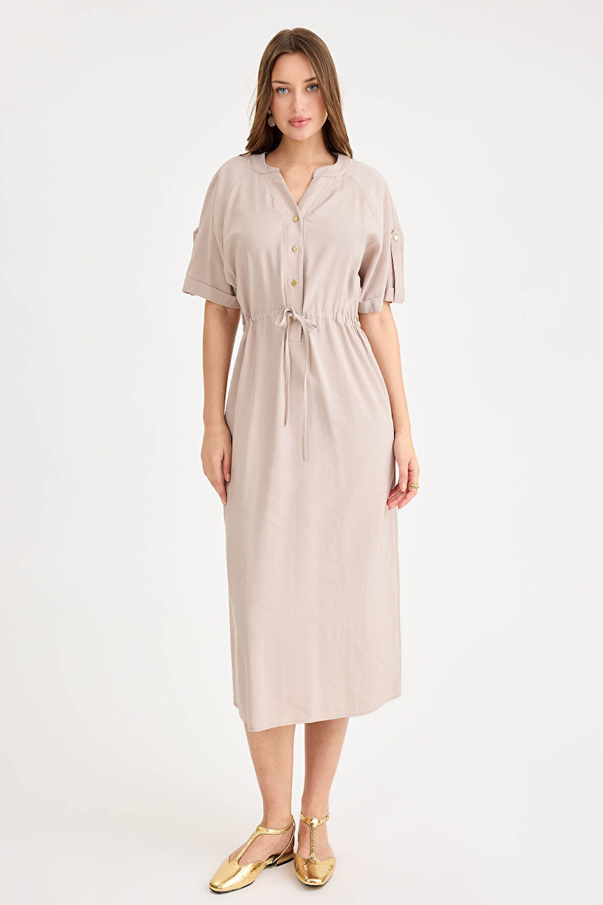 Beli Bağlamalı Cepli Kol Apoletli Uzun Modal Elbise