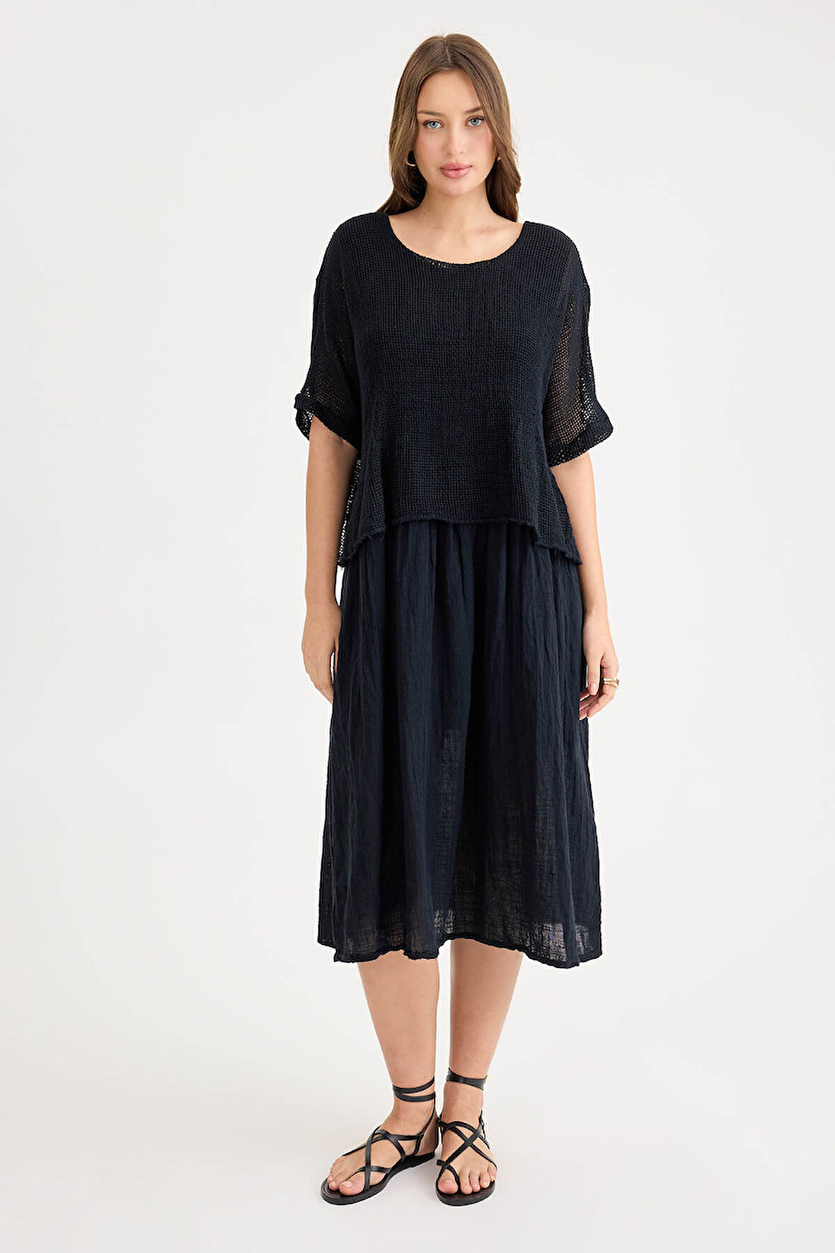 Kısa Kol Fileli Keten Elbise