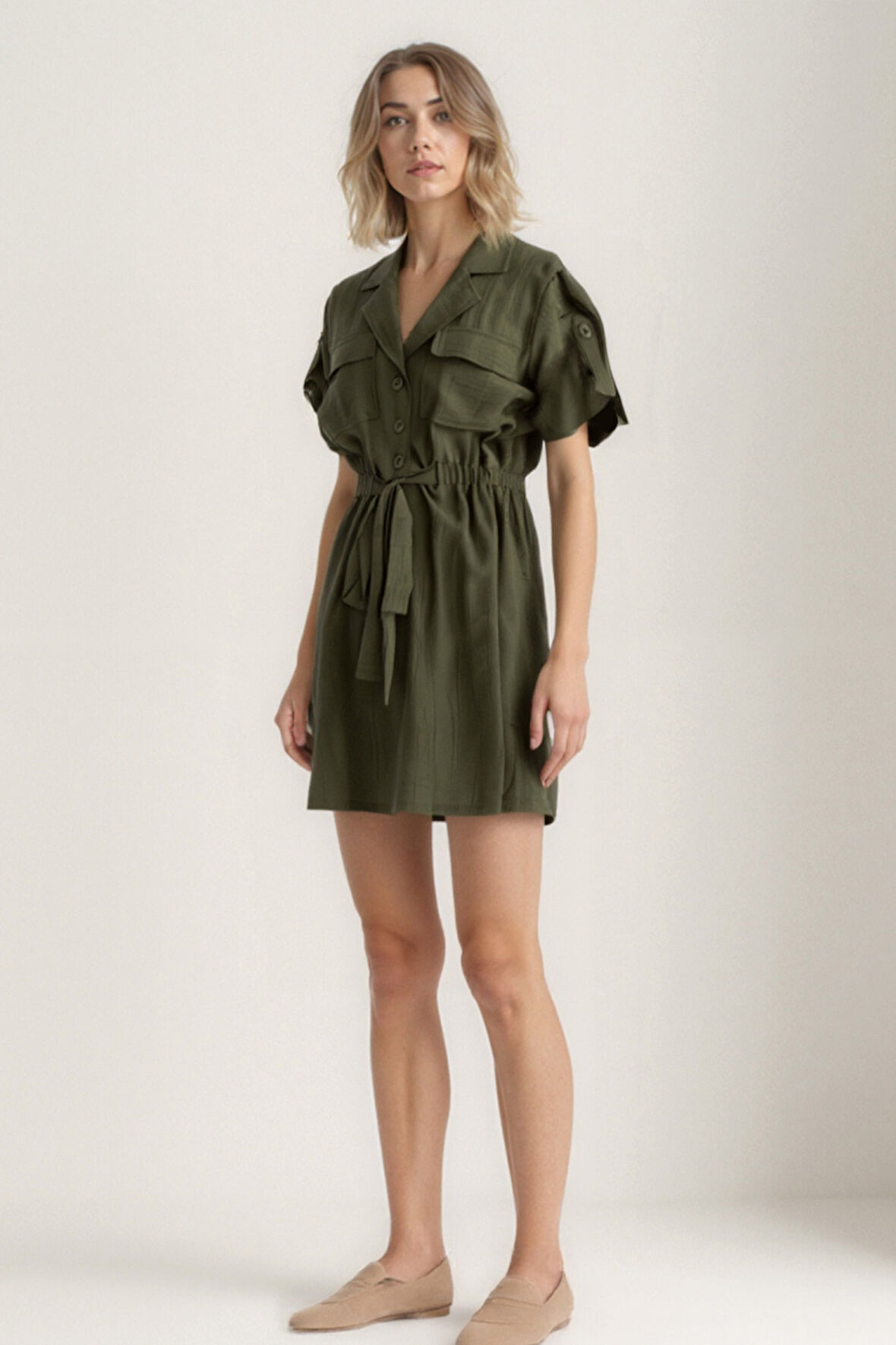 Beli Bağlamalı Kapak Cepli Kısa Kol Krinkıl Kumaş Elbise