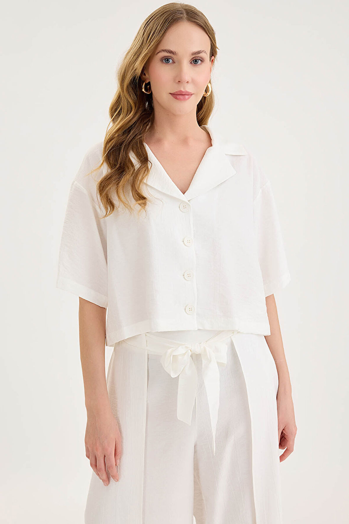 Krinkıl Kumaş Kısa Kol Crop Gömlek