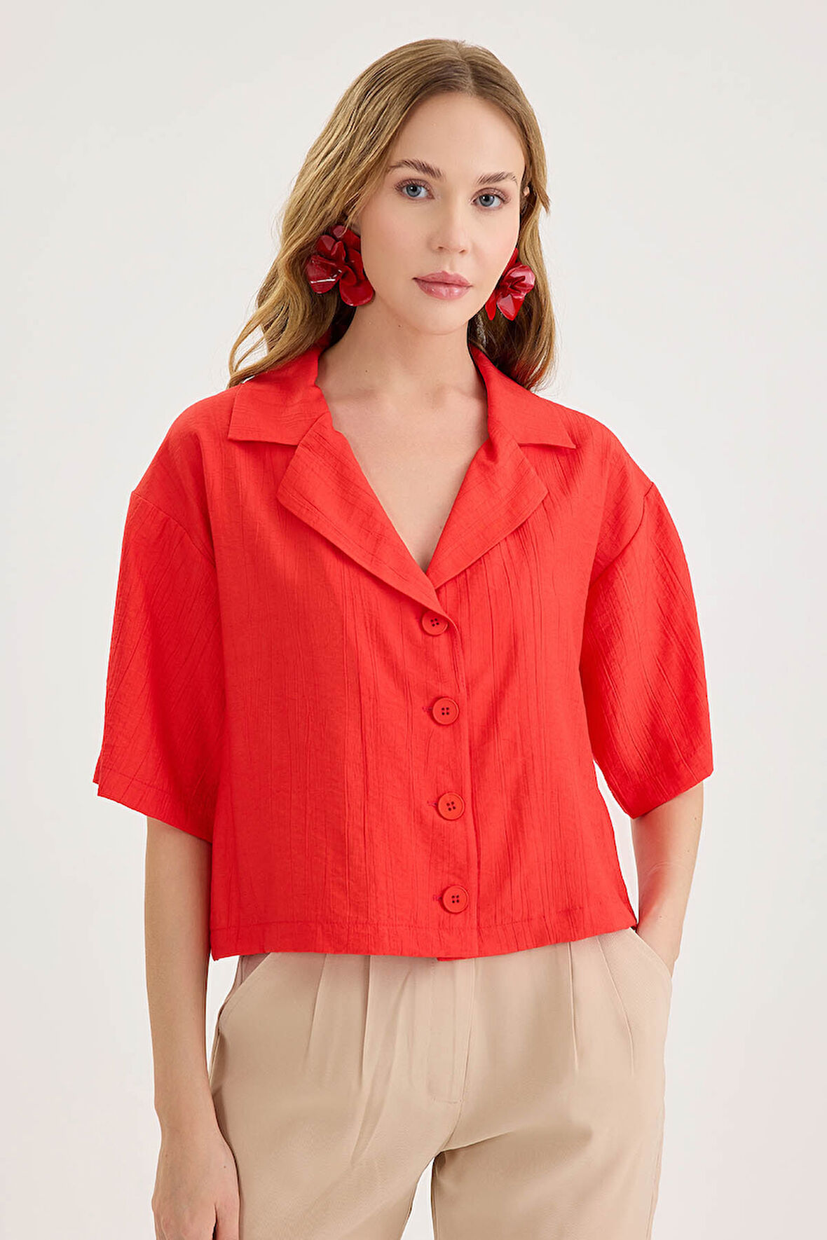 Krinkıl Kumaş Kısa Kol Crop Gömlek