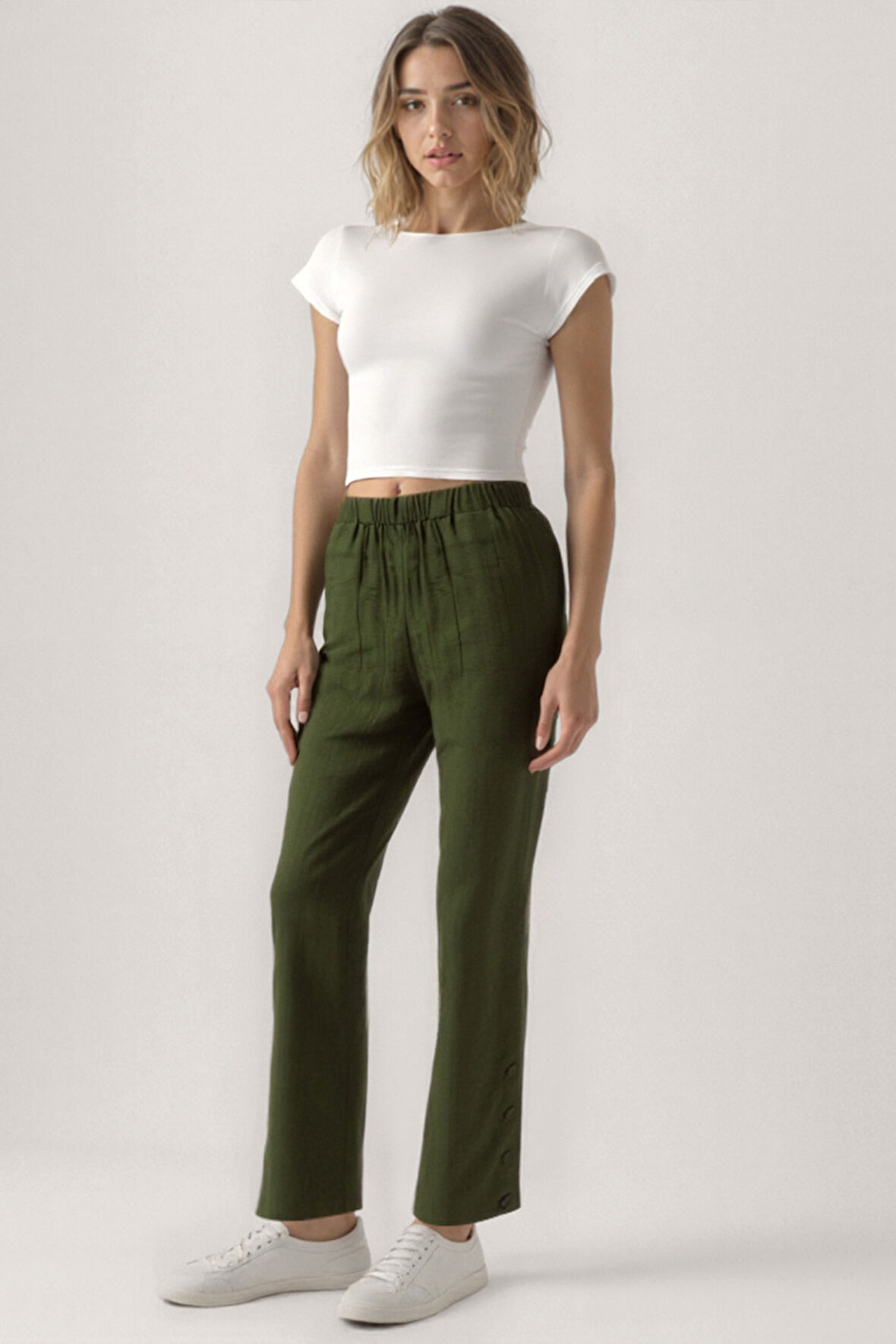 Paçası Düğmeli Krinkıl Kumaş Pantolon