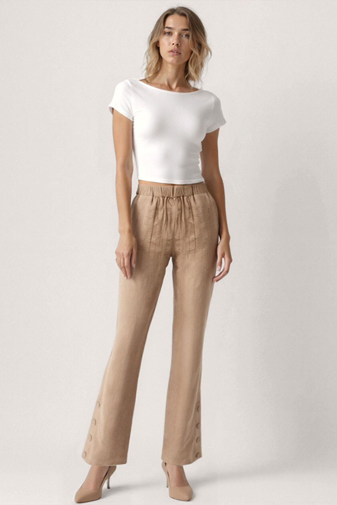 Paçası Düğmeli Krinkıl Kumaş Pantolon