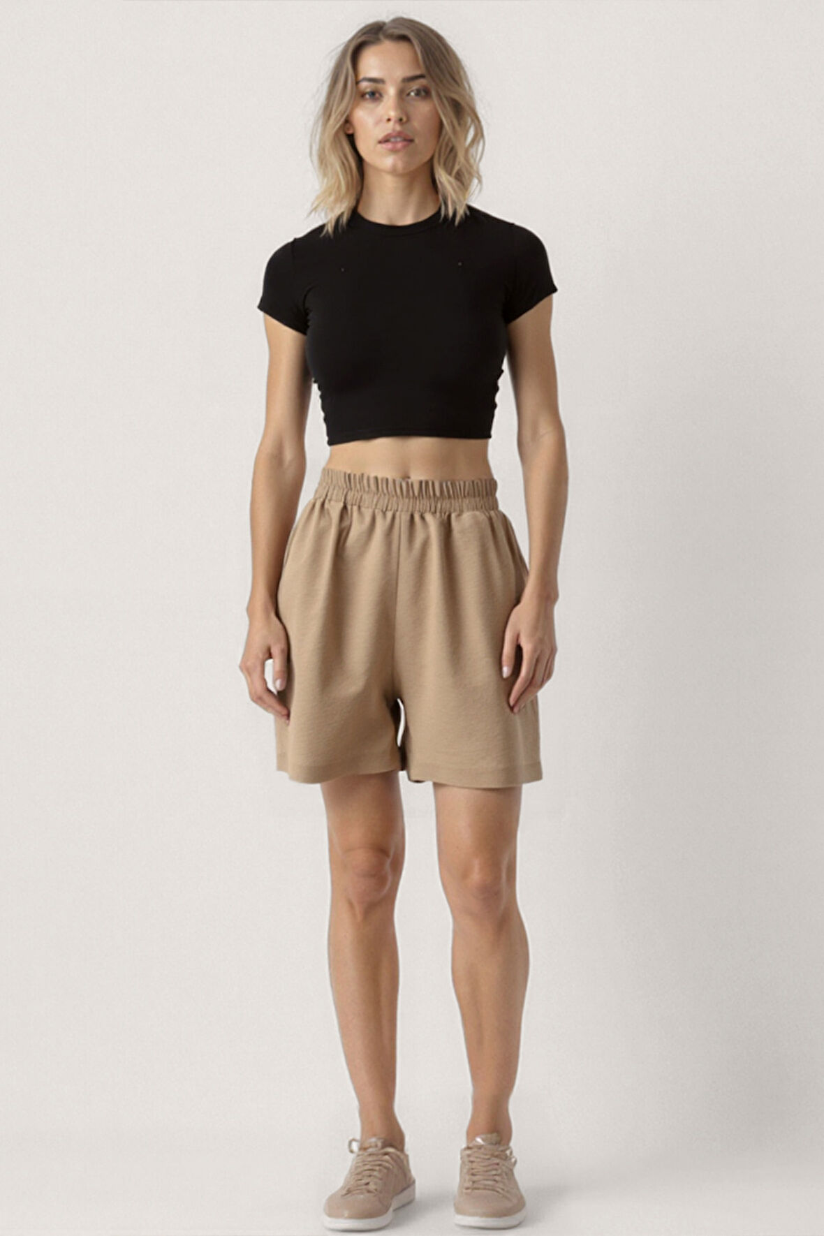 Beli Lastikli Krinkıl Kumaş Cepli Şort