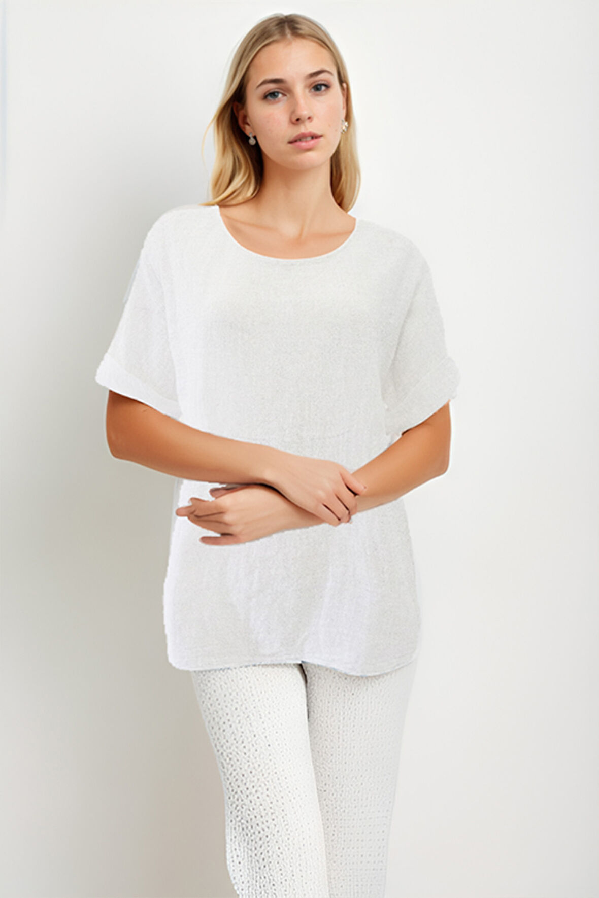 Geniş Yaka Yarım Kol Keten Bluz