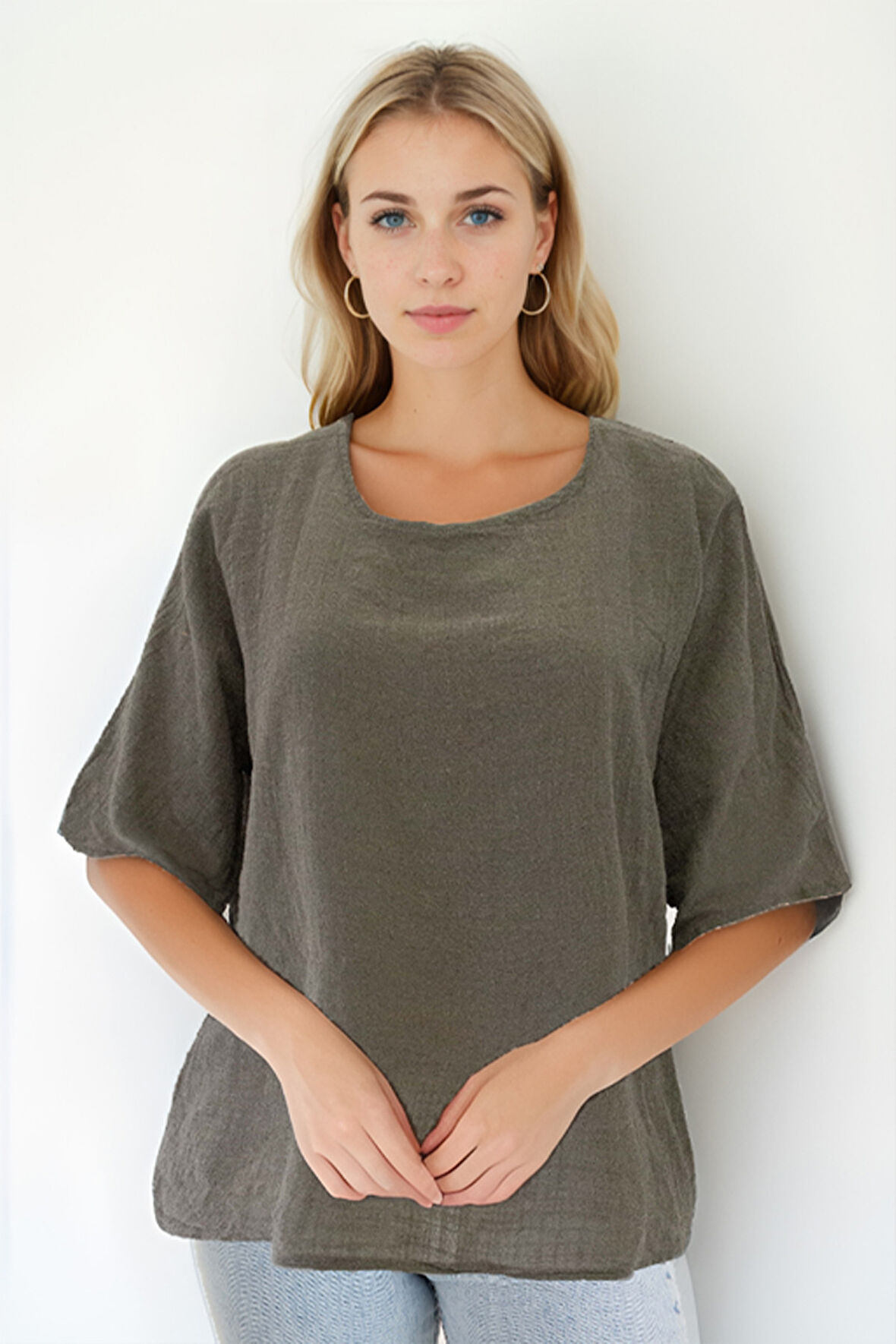 Geniş Yaka Yarım Kol Keten Bluz