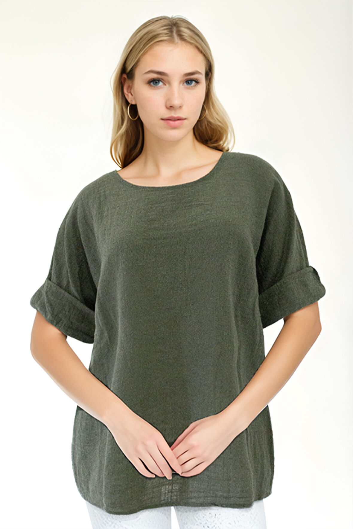 Geniş Yaka Yarım Kol Keten Bluz