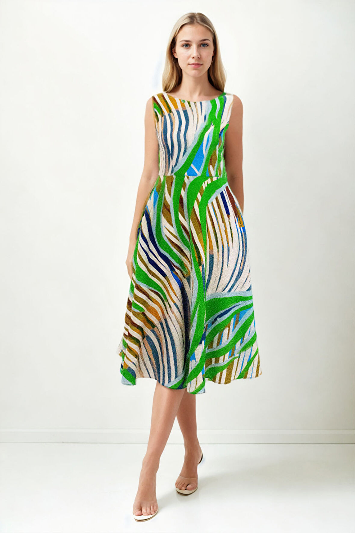 Kendinden Desenli Sıfır Kol Midi Elbise