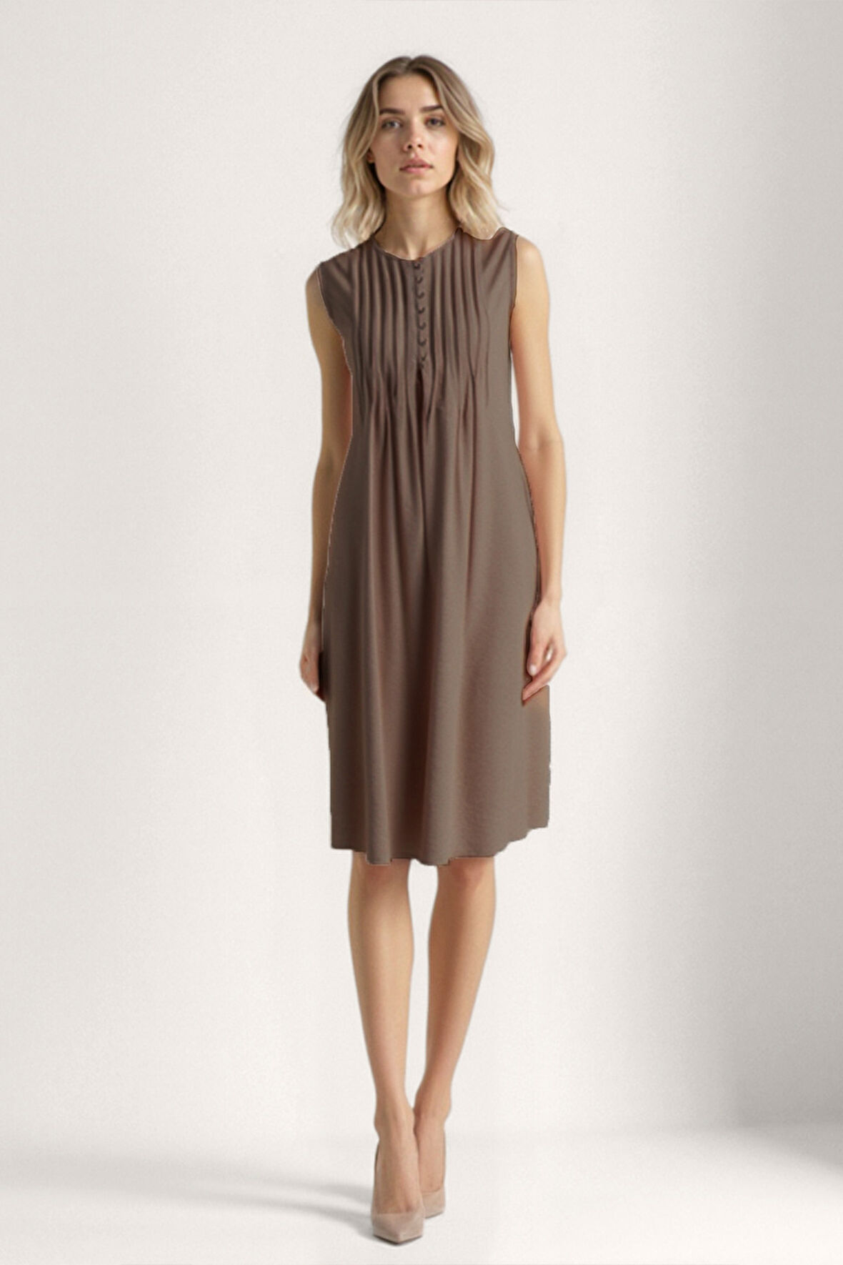 Önü Düğmeli Krinkıl Kumaş Sıfır Kol Elbise