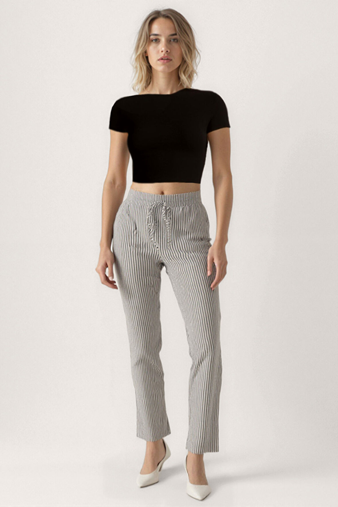 Beli Lastikli Kalın Çizgili Geniş Paça Pantolon