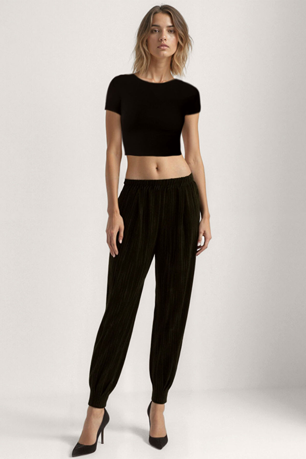 Kendinden Desenli Beli Lastikli Pileli Pantolon