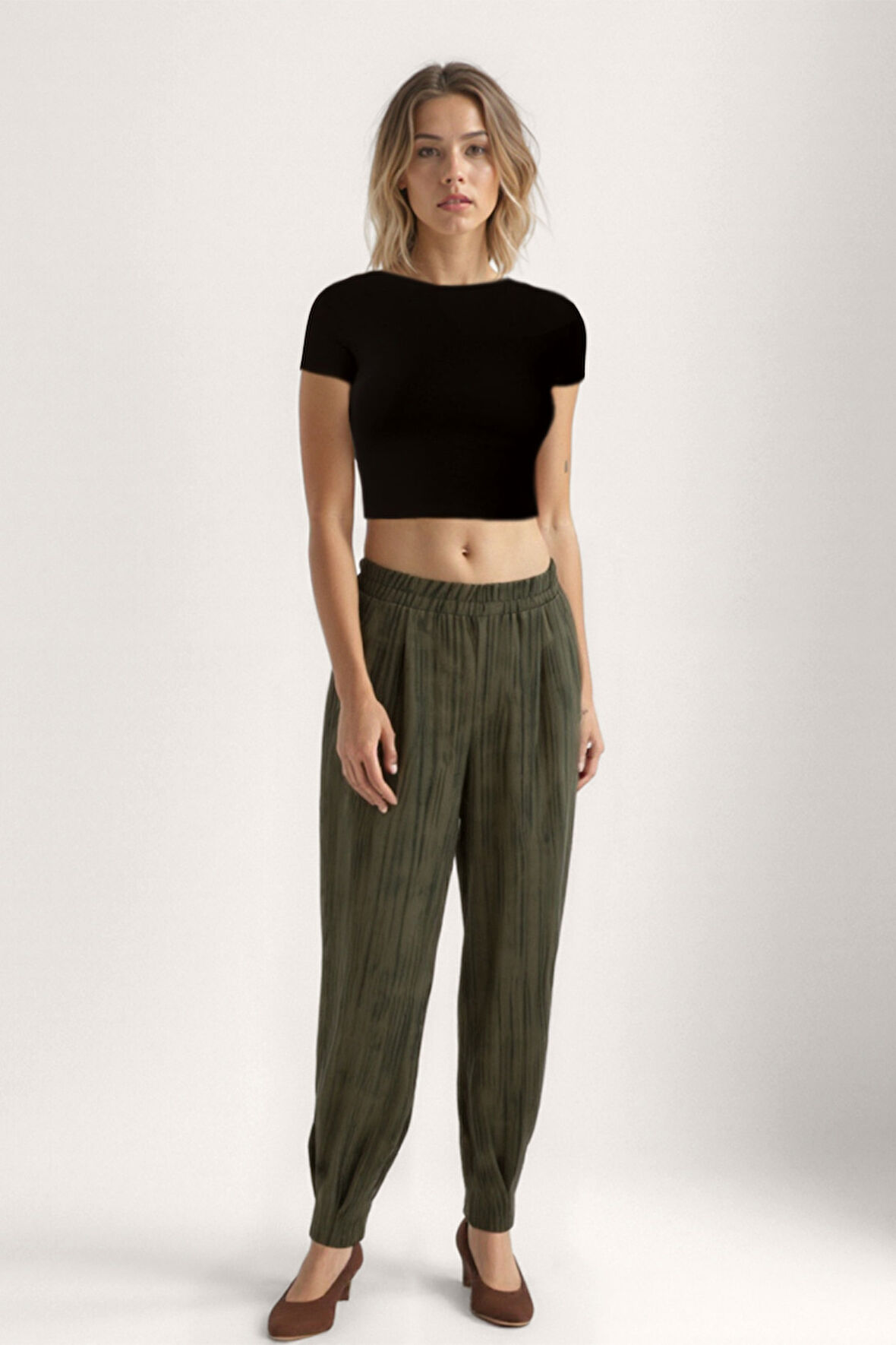 Kendinden Desenli Beli Lastikli Pileli Pantolon