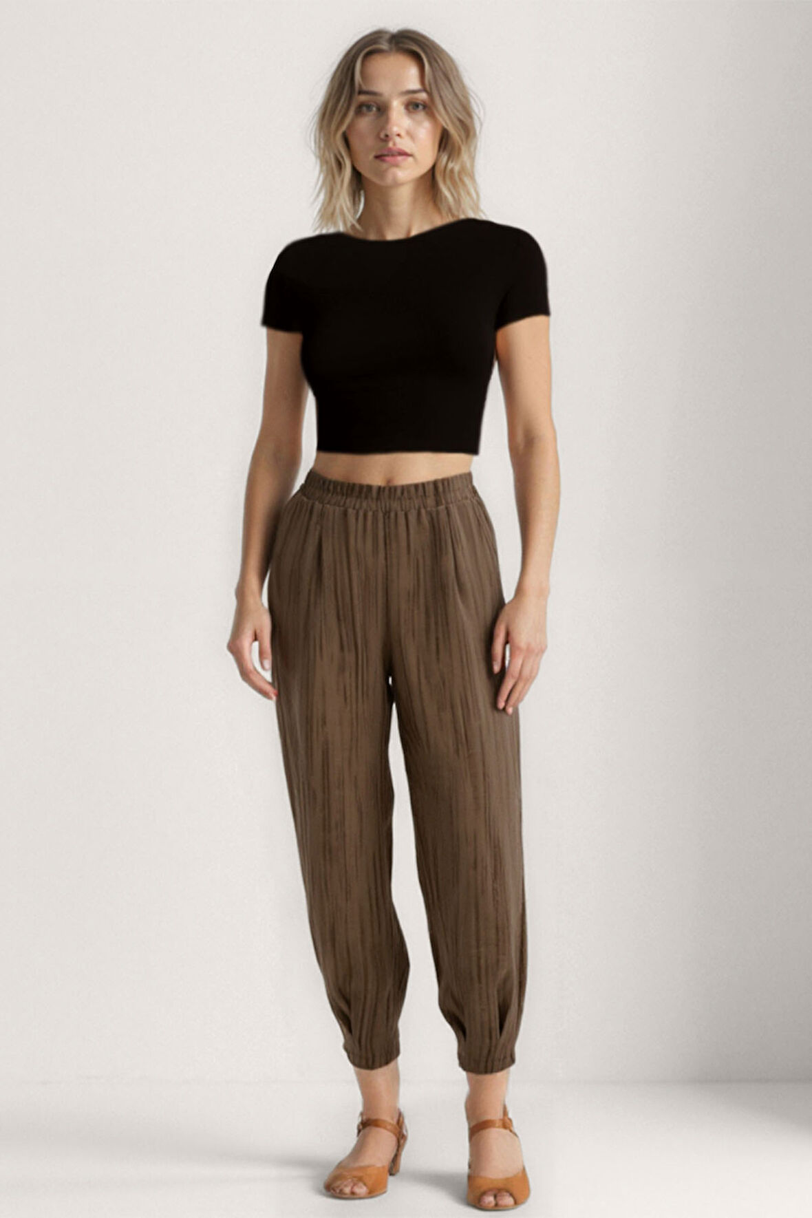 Kendinden Desenli Beli Lastikli Pileli Pantolon