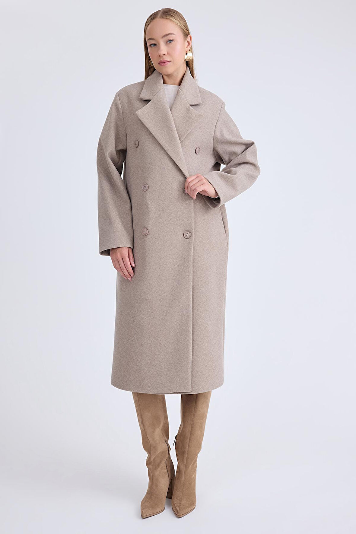 Düğmeli Uzun Kaşe Kaban