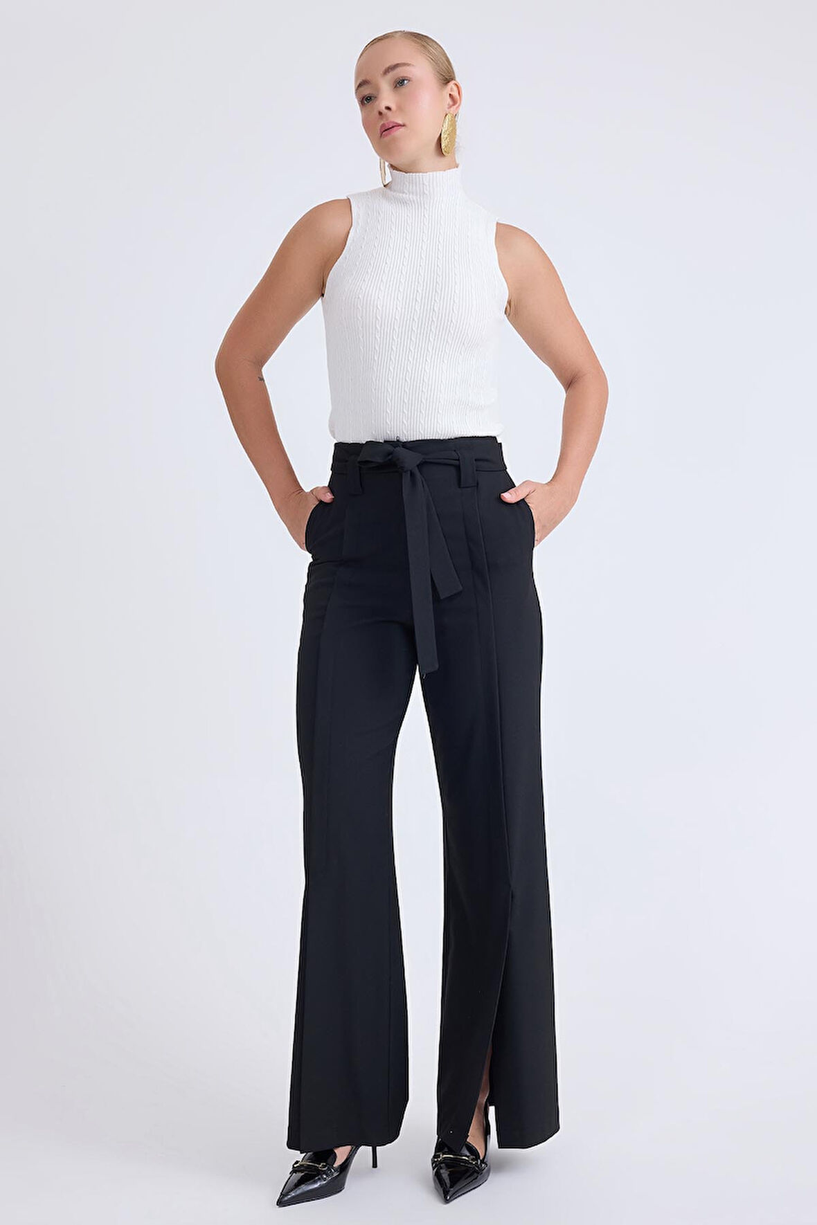 Yüksek Bel Beli Kemerli Pantolon