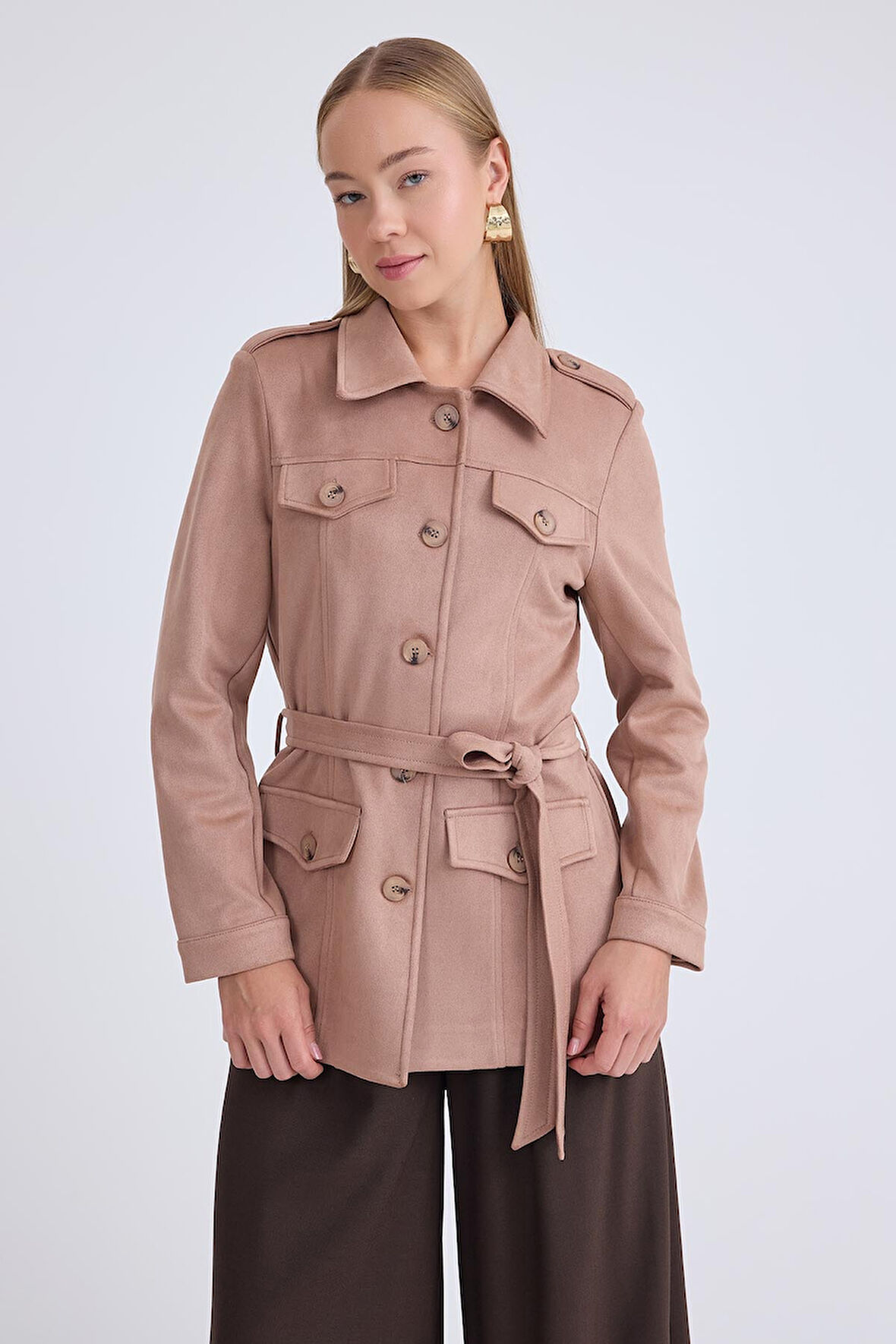 Beli Kuşaklı Düğmeli Süet Ceket