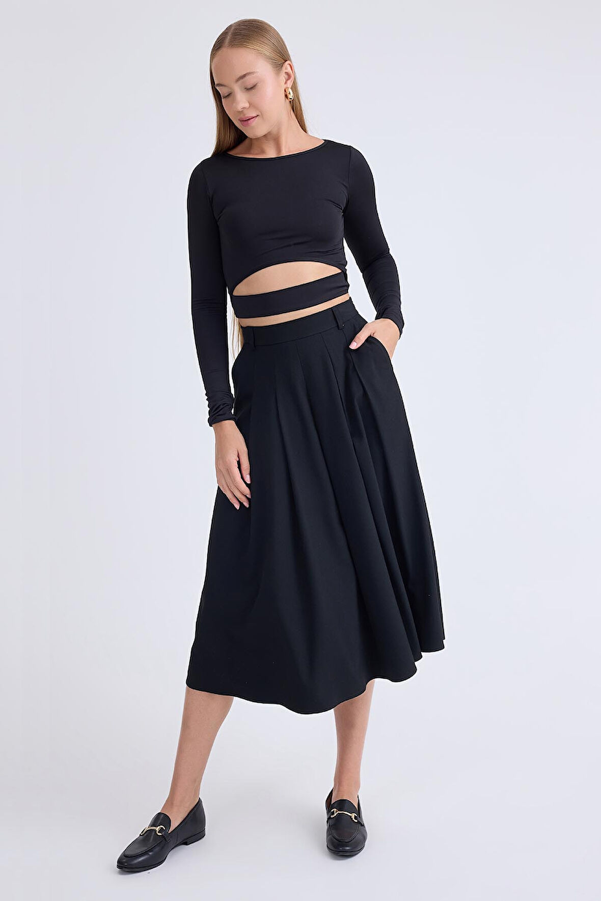 Pileli Midi Boy Cepli Etek