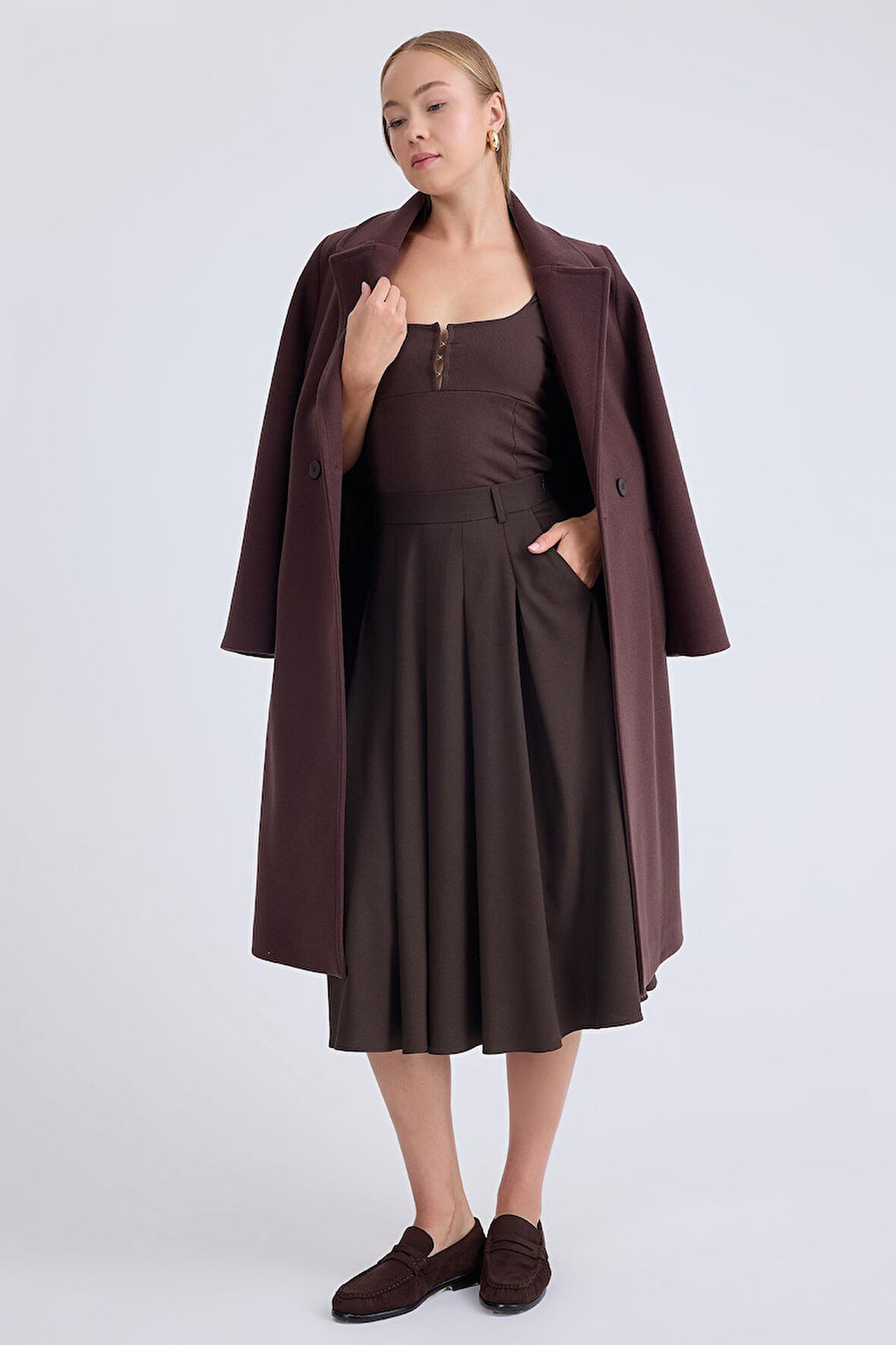 Pileli Midi Boy Cepli Etek