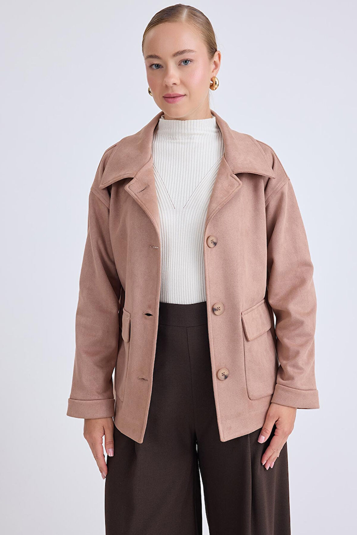 Düşük Omuz Kapak Cepli Süet Ceket