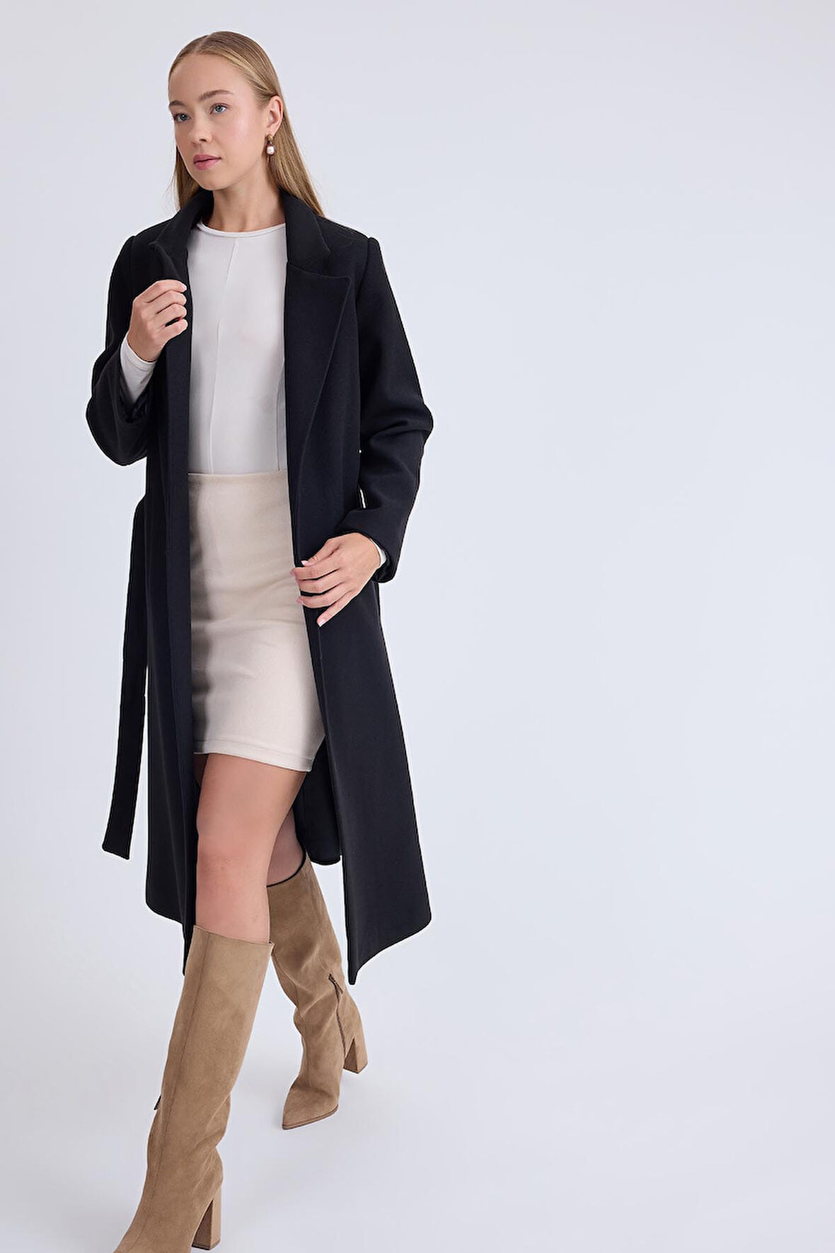 Ceket Yaka Kuşaklı Kaşe Kaban