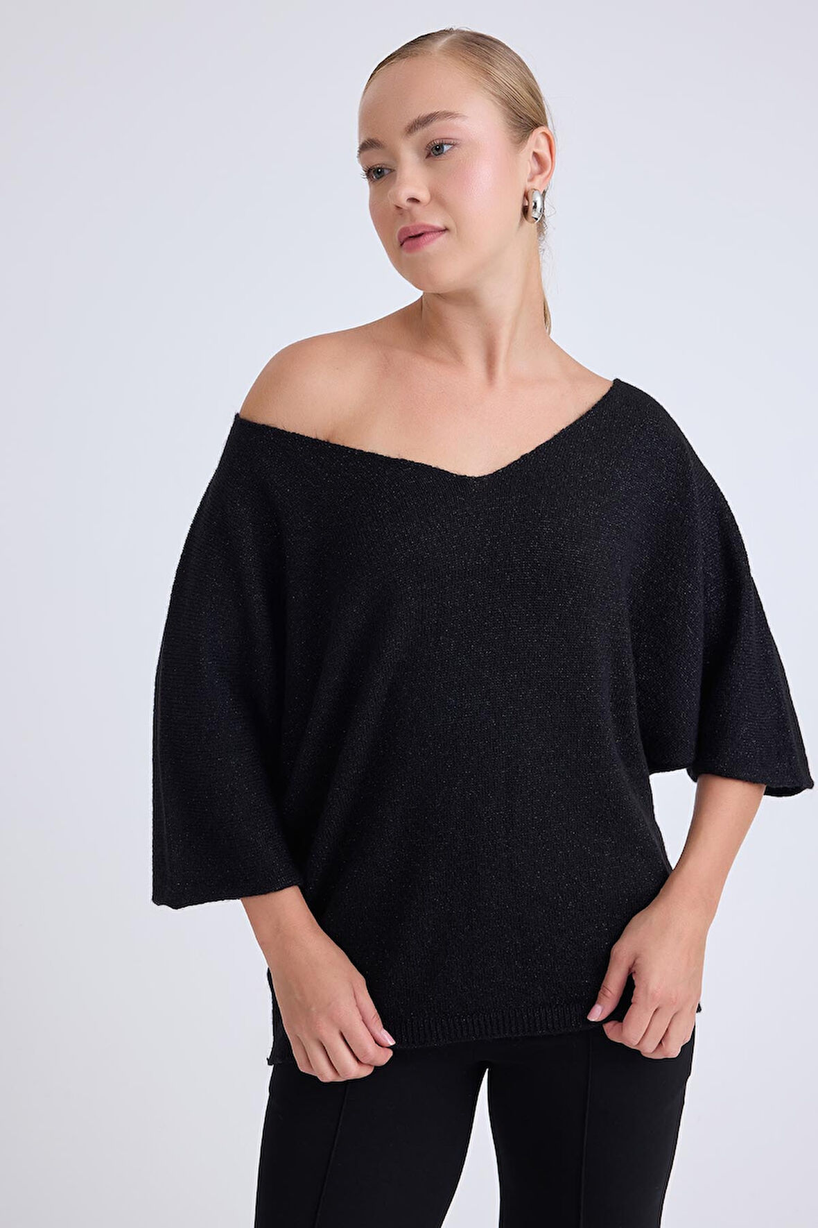 V Yaka Yarım Kol Simli Salaş Bluz