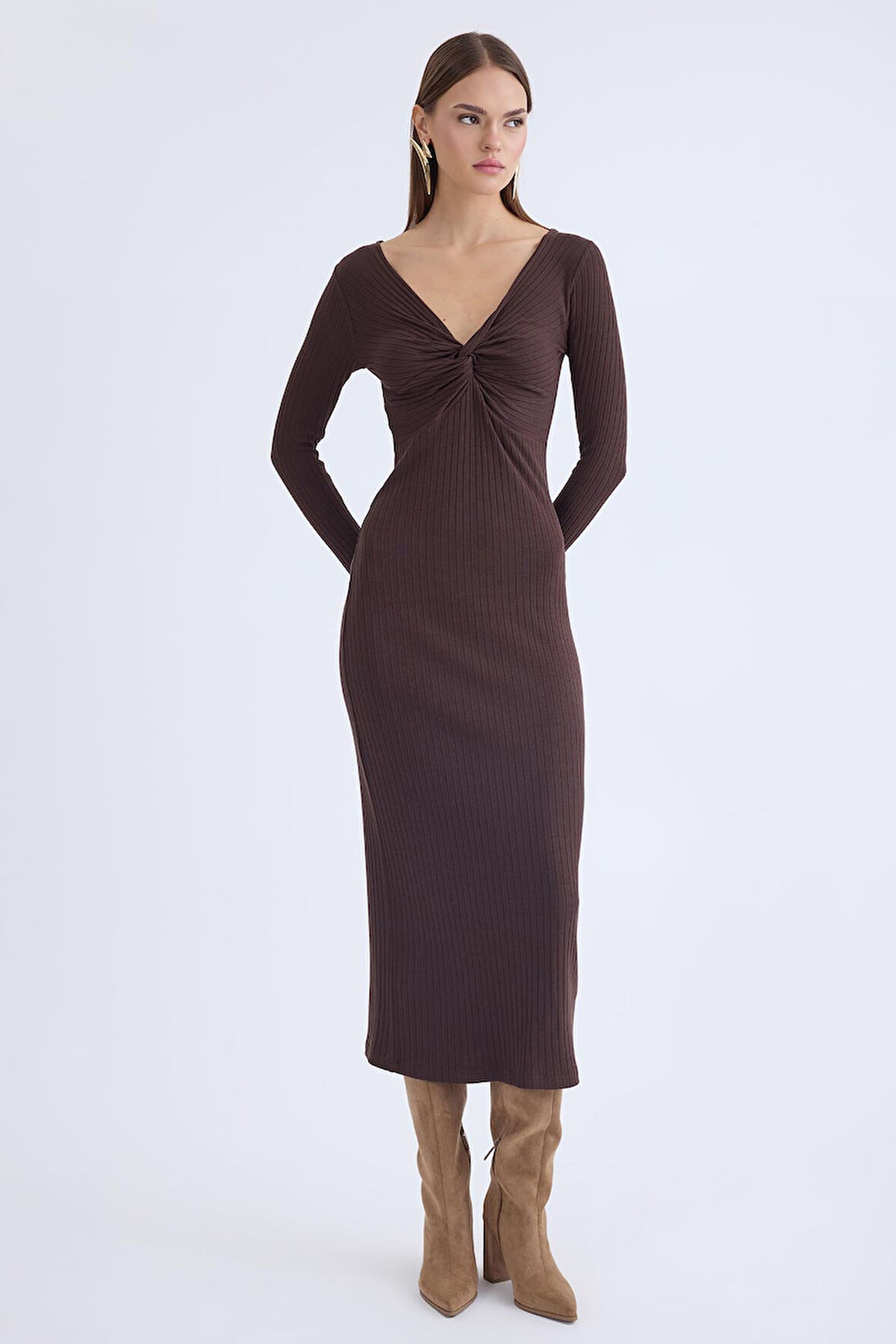 V Yaka Önü Düğüm Detaylı Uzun Elbise