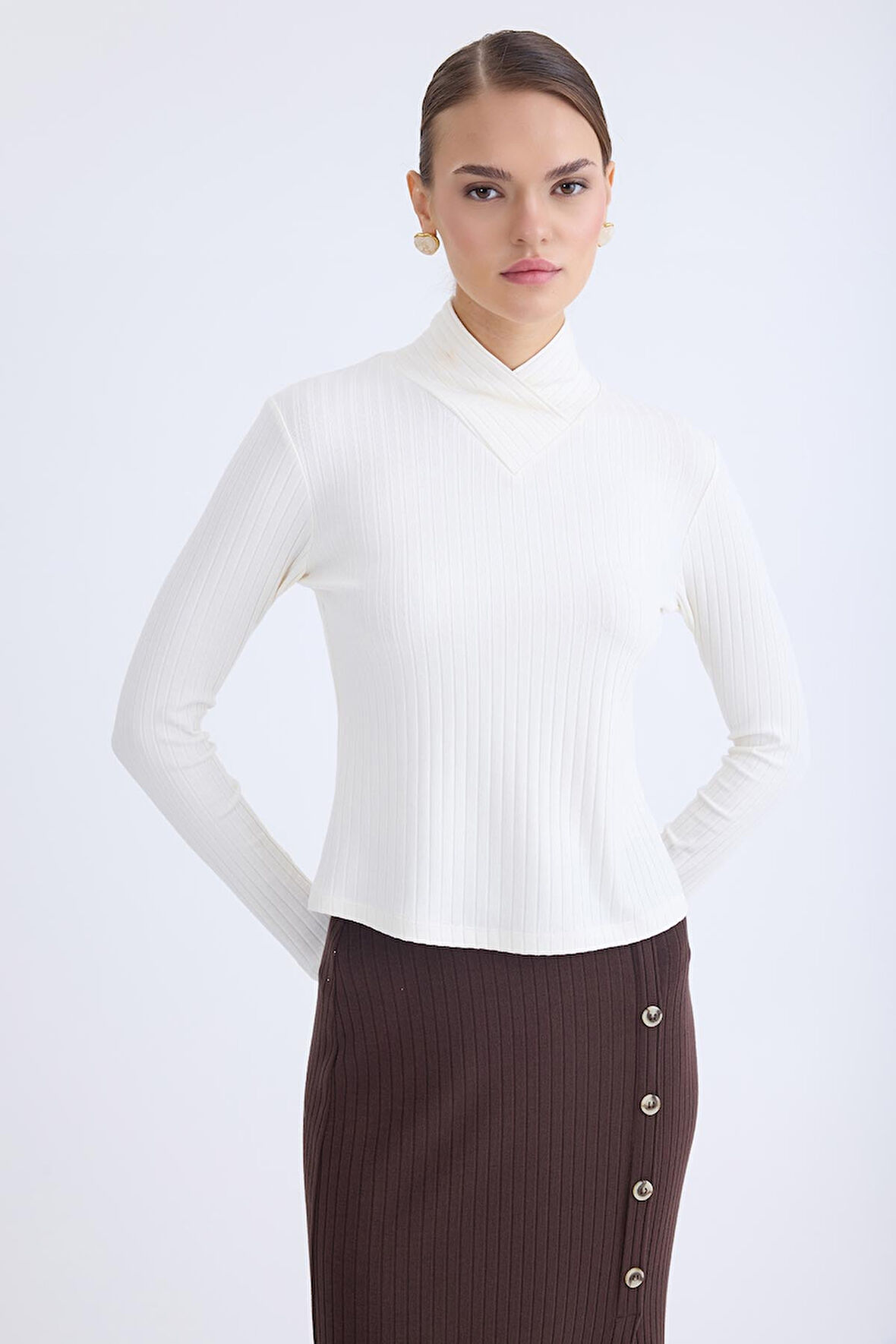 Fitilli Kumaş Önü Detaylı Uzun Kol Bluz