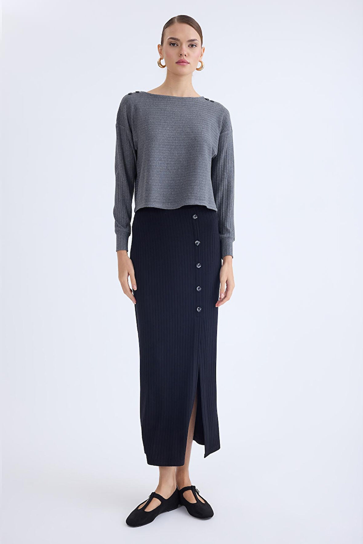 Önü Düğmeli Midi Boy Fitilli Etek