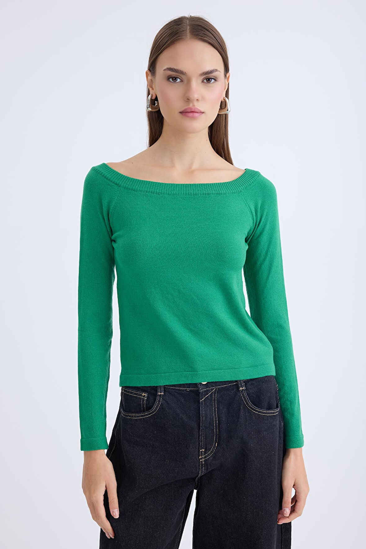 Kayık Yaka Uzun Kol Triko Bluz