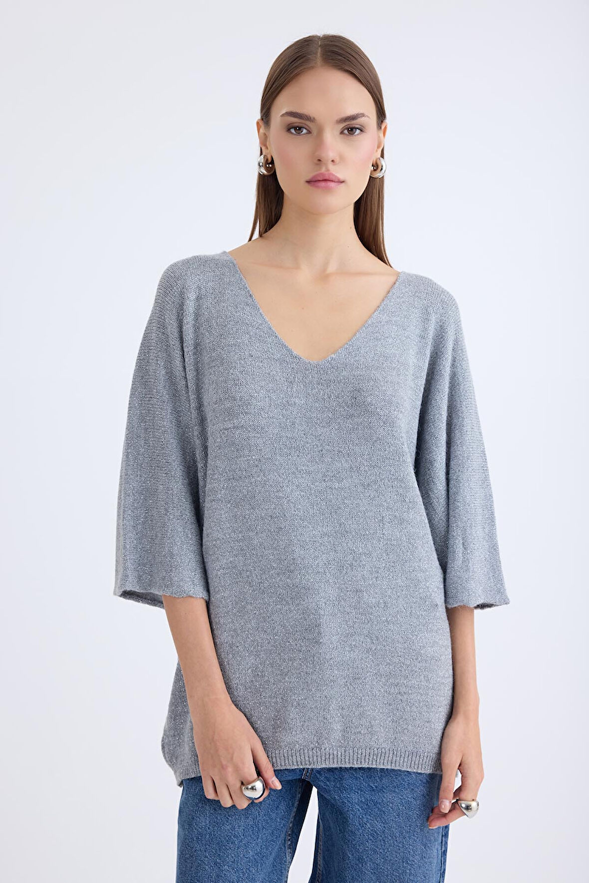 V Yaka Yarım Kol Simli Salaş Bluz