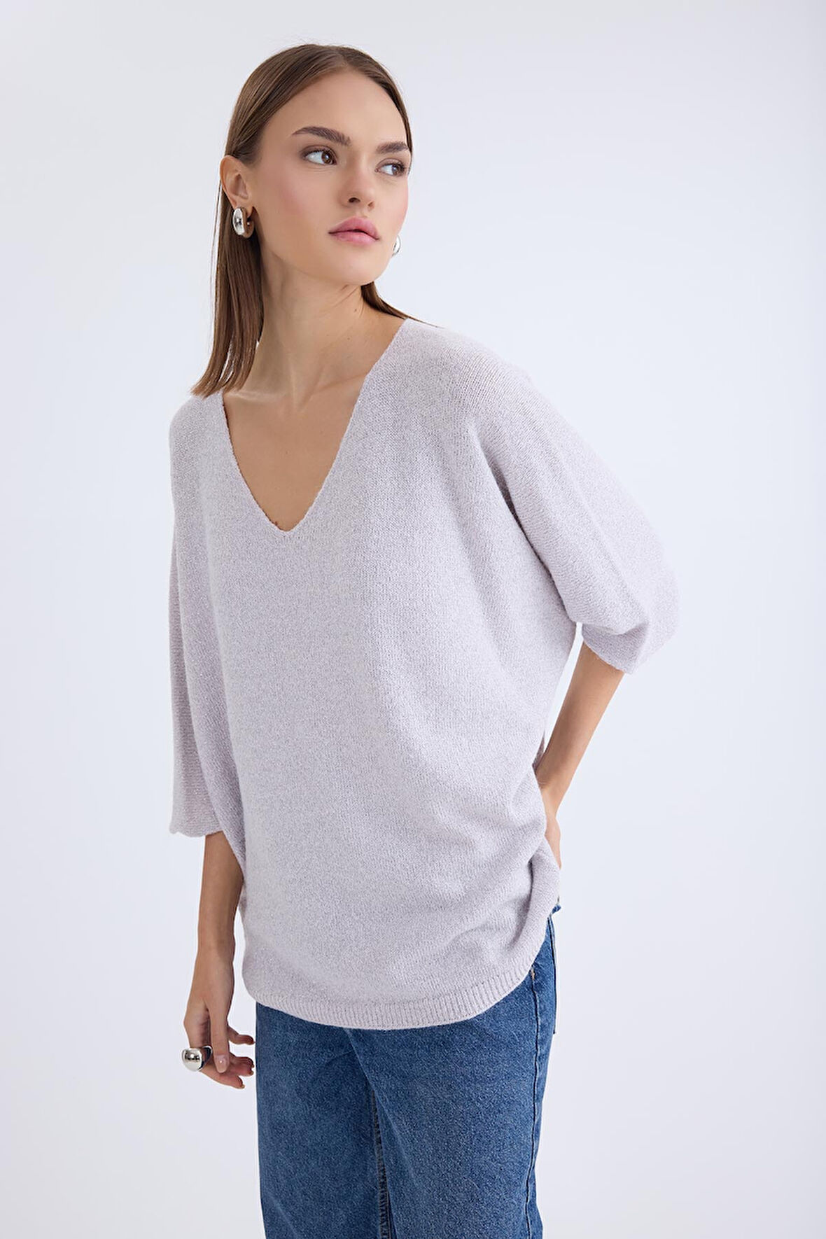 V Yaka Yarım Kol Simli Salaş Bluz