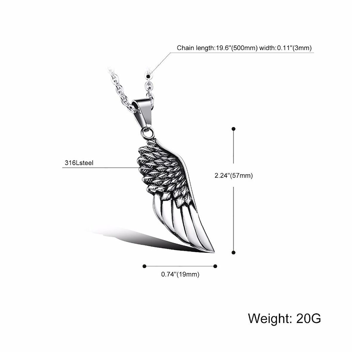 Melek Kanadı Kolye Paslanmaz Çelik Gümüş