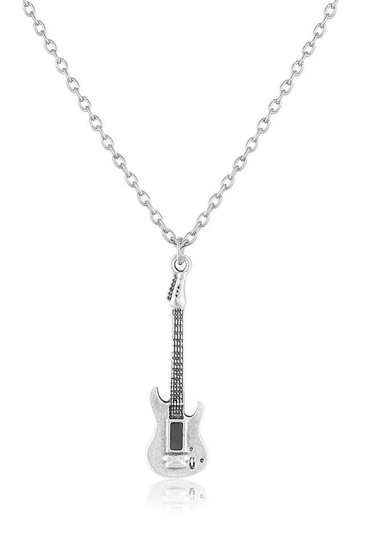 Bas Gitar Erkek Kadın Kolye Antik Gümüş Kaplama 60 cm Düz Zincir