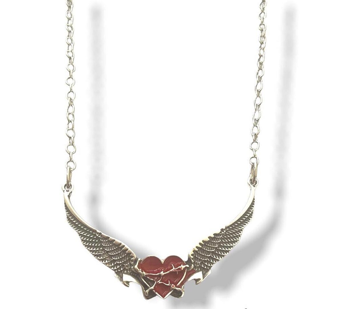 Kartal Kanatlı Gotik Kırmızı Kalp Kolye 