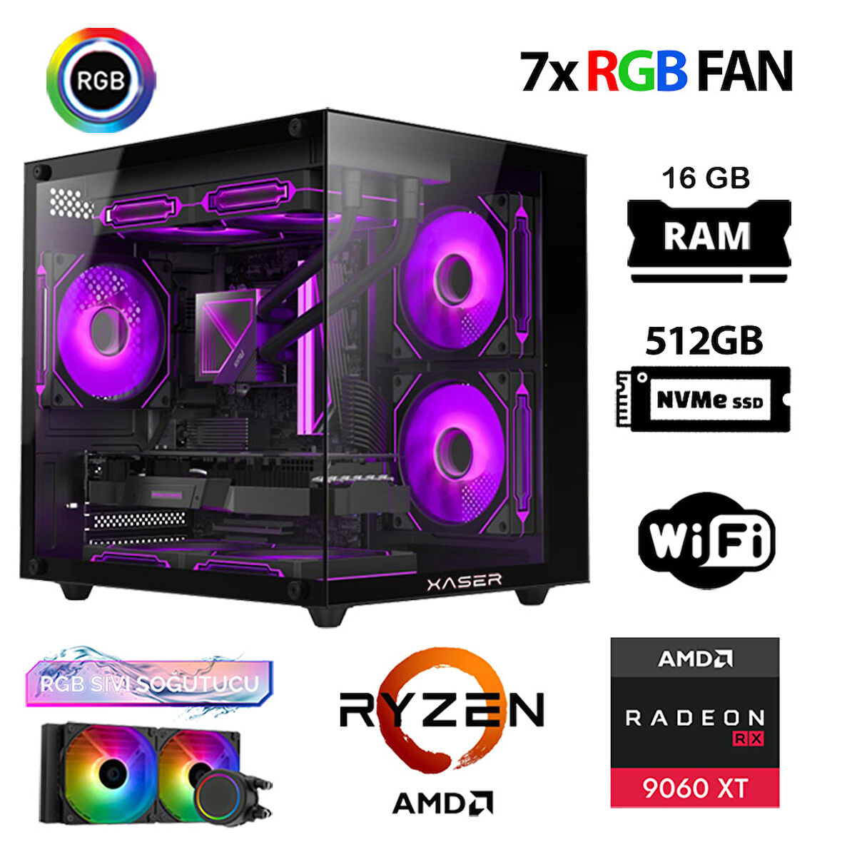Xaser Eco X90 Ryzen 7 5700x 16GB Ram 512GB M.2 NVMe SSD 16GB RX9060 XT Sıvı Soğutmalı Hazır Oyuncu Sistemi