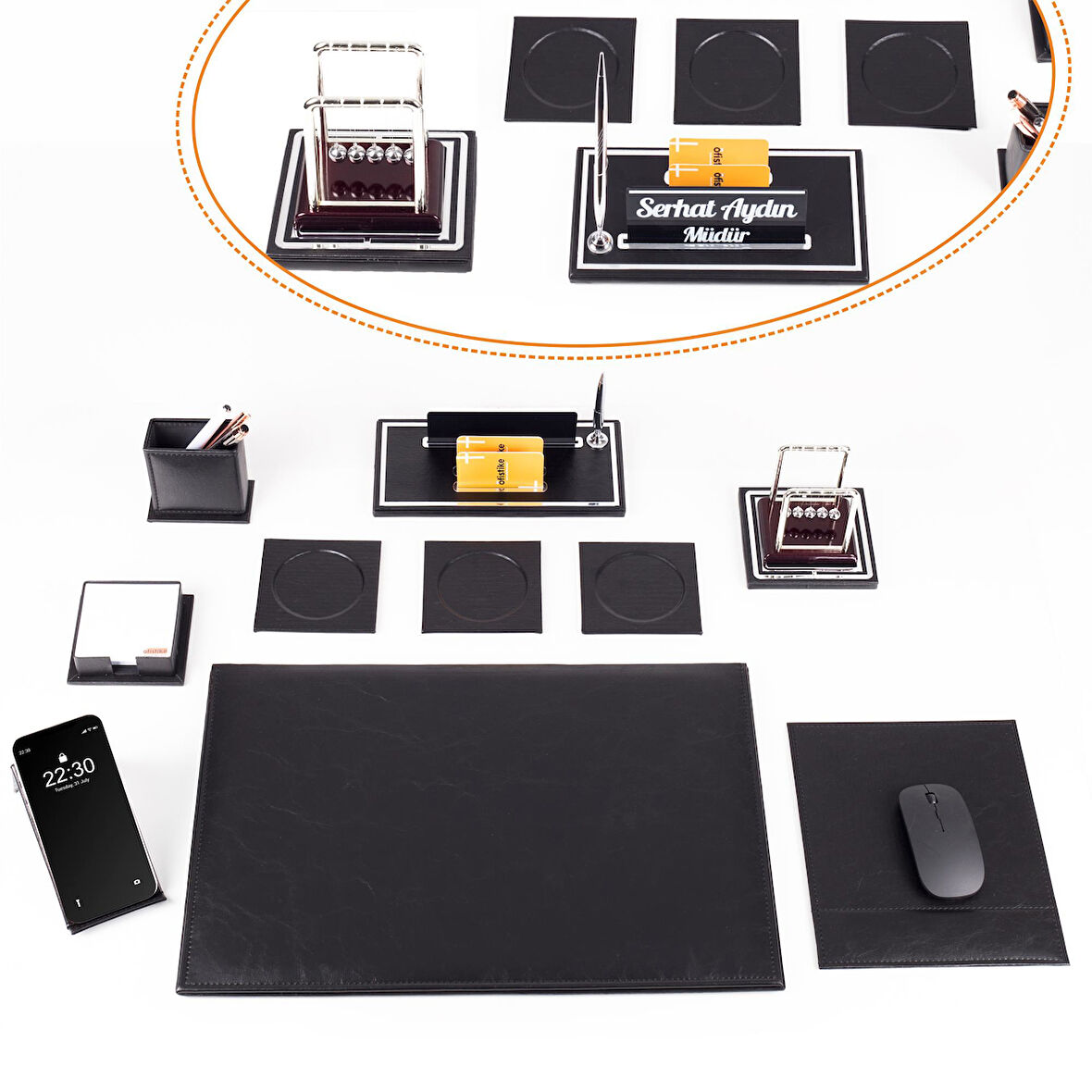 Opta 10 Parça Denge Topu Biblolu Siyah Deri Sümen Seti Takımı Gümüş Ofis Masa İsimliği Lüks İsimlik