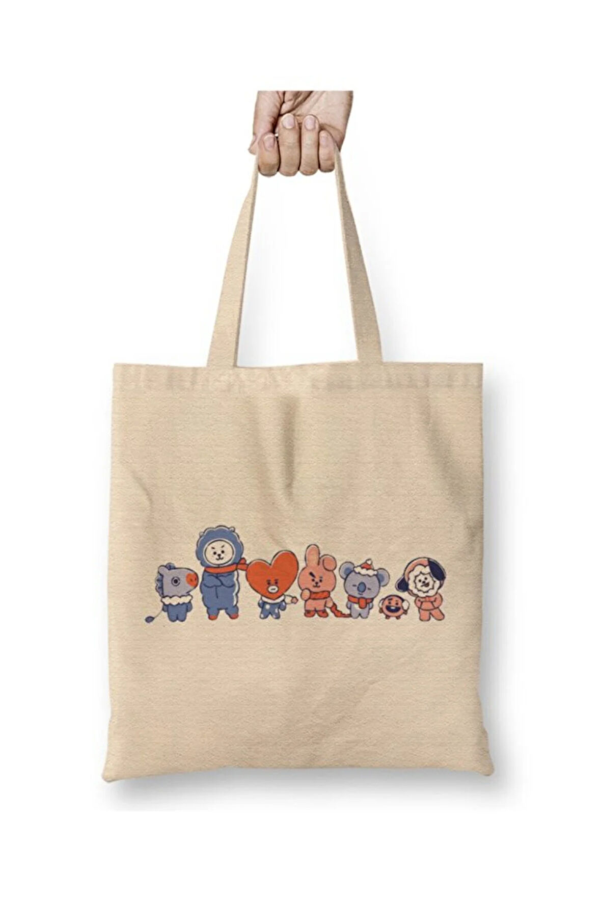 Bts Bt21 Christmas Time Yılbaşı Beyaz Bez Çanta Uzun Saplı Alışveriş Çantası Plaj Çantası