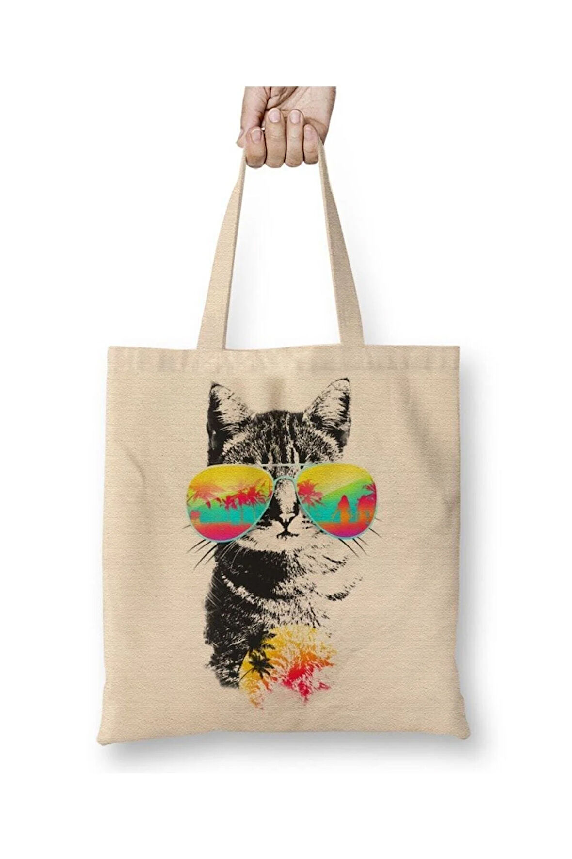 Cat Kedi Cat Kedi Esintisi Güneş Gözlüklü Beyaz Bez Çanta Uzun Saplı Alışveriş Çantası Plaj Çantası