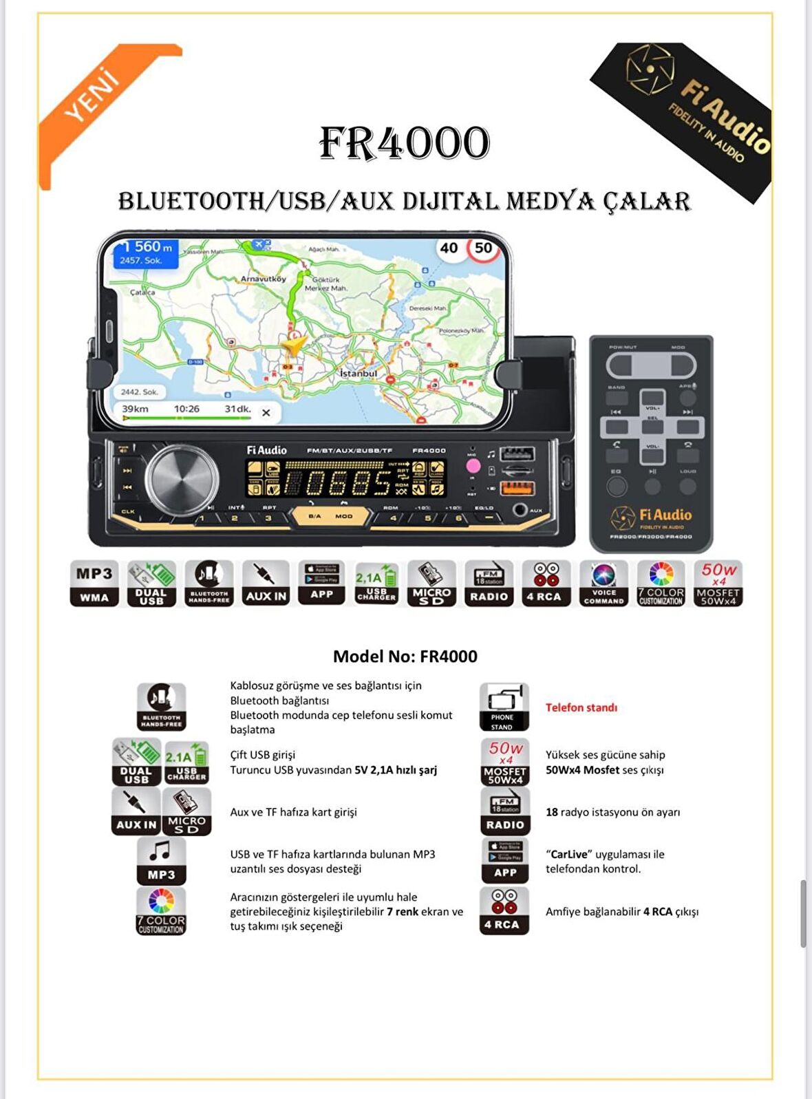 fi Audio FR4000 TELEFON STANDLI BLUETOOTH/USB/AUX DİJİTAL MEDYA ÇALAR OTO TEYP