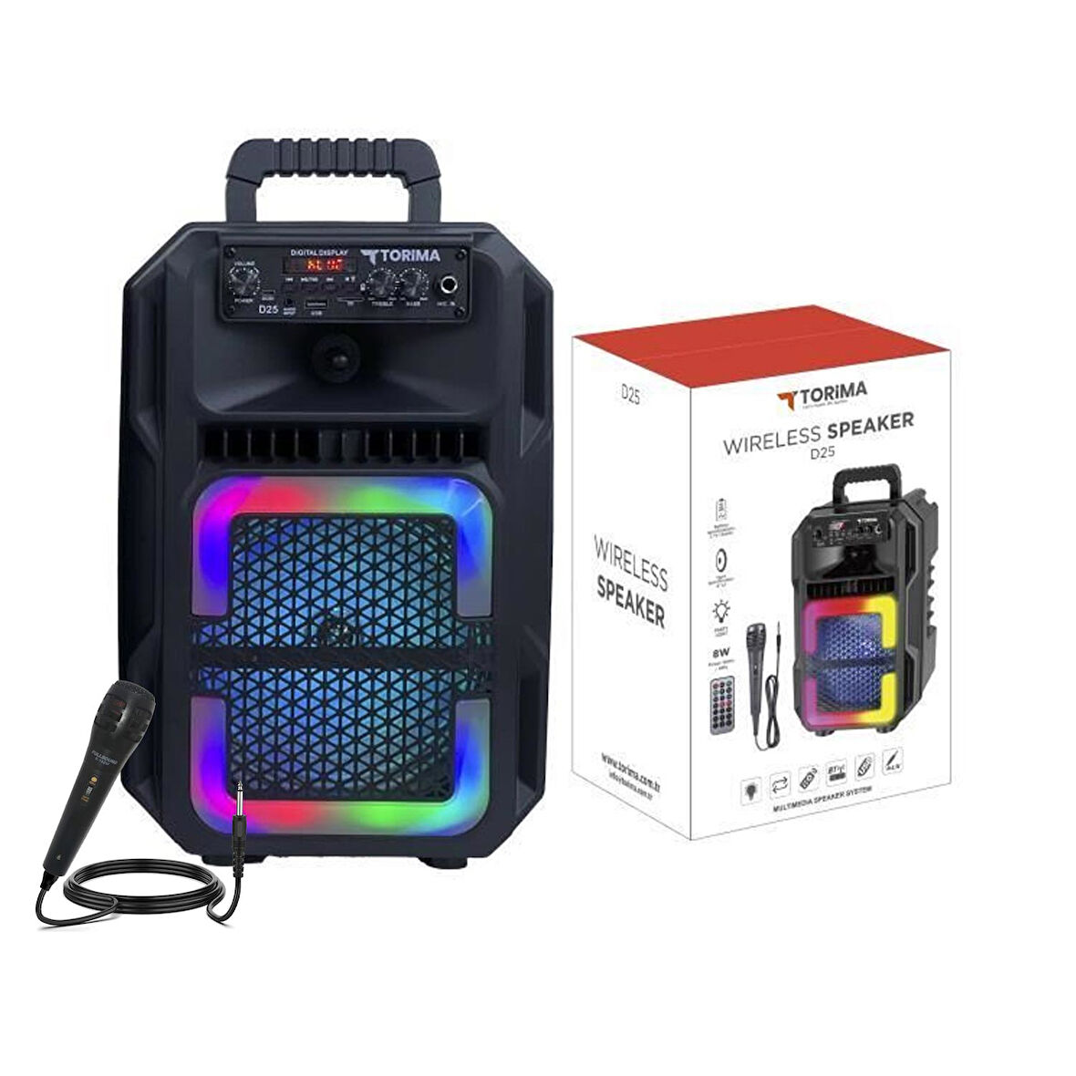 TORİMA D25 Taşınabilir Rgb Ledli Bluetooth Hoparlör Parti Speaker Mikrofonlu Kumandalı USB TF FM MIC