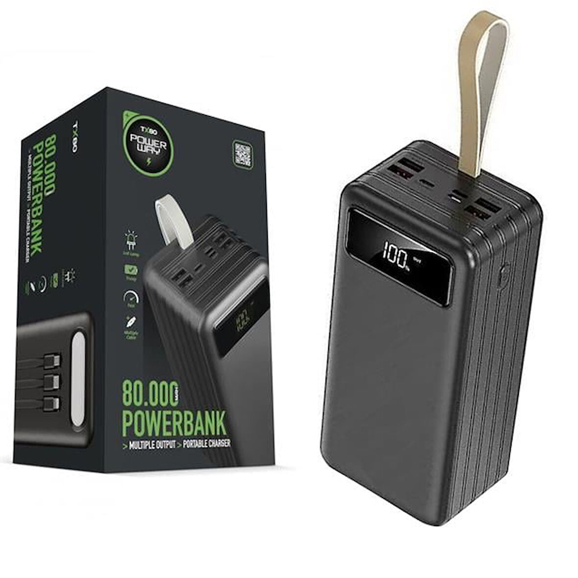 Powerway TX80 80.000Mah Kablolu Dijital Göstergeli Gerçek Fener Işıklı Kamp Siyah Powerbank