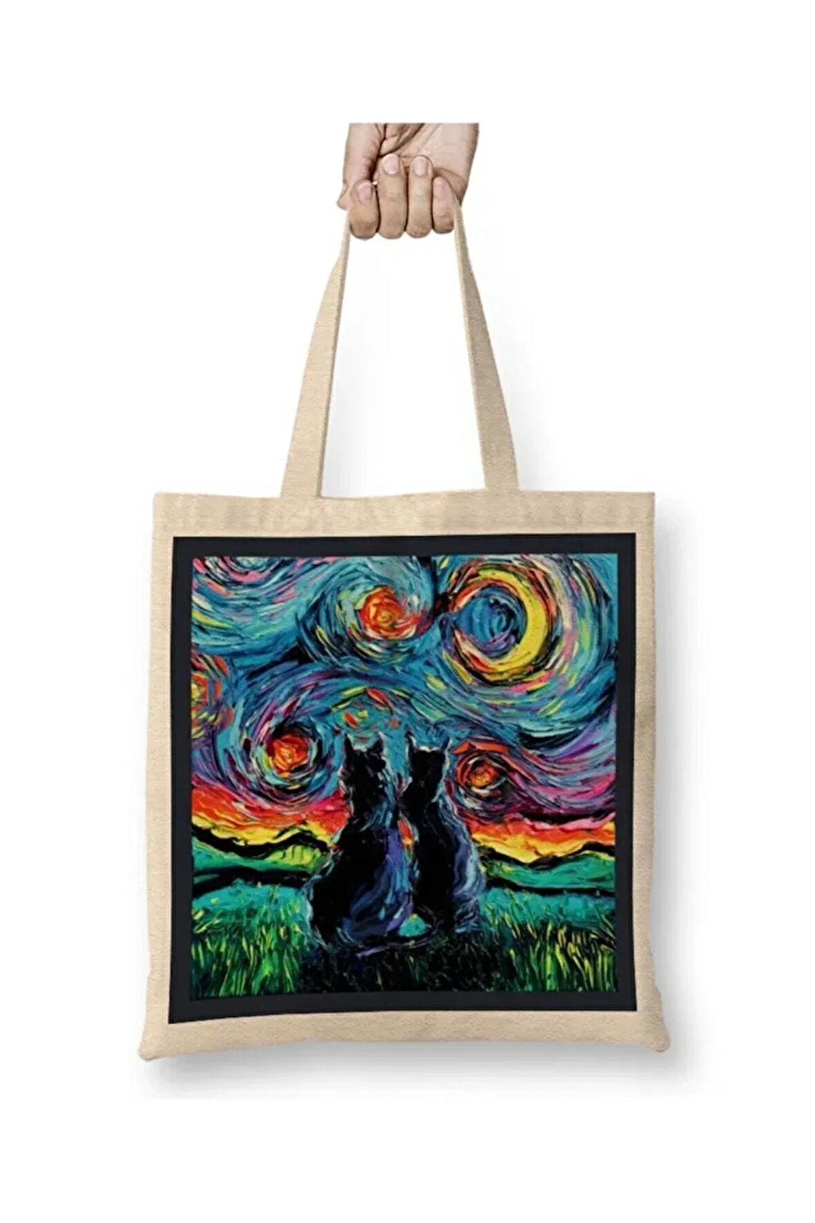 Cat Van Gogh's Cats Kedi Bez Çanta Uzun Saplı Alışveriş Çantası Plaj Çantası
