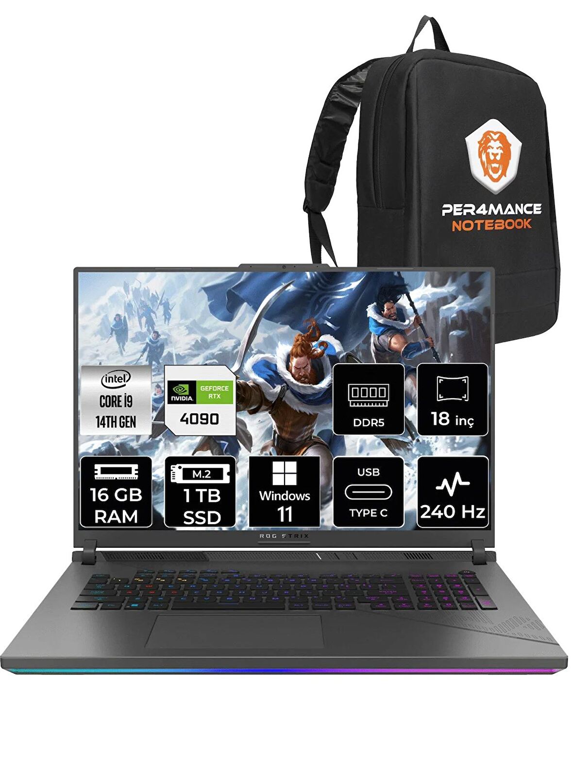 ASUS ROG Strix G18 i9-14900HX 16GB 1TB SSD RTX4090/16GB 240Hz 18" WQXGA W11P N6100 & PER4 ÇANTA